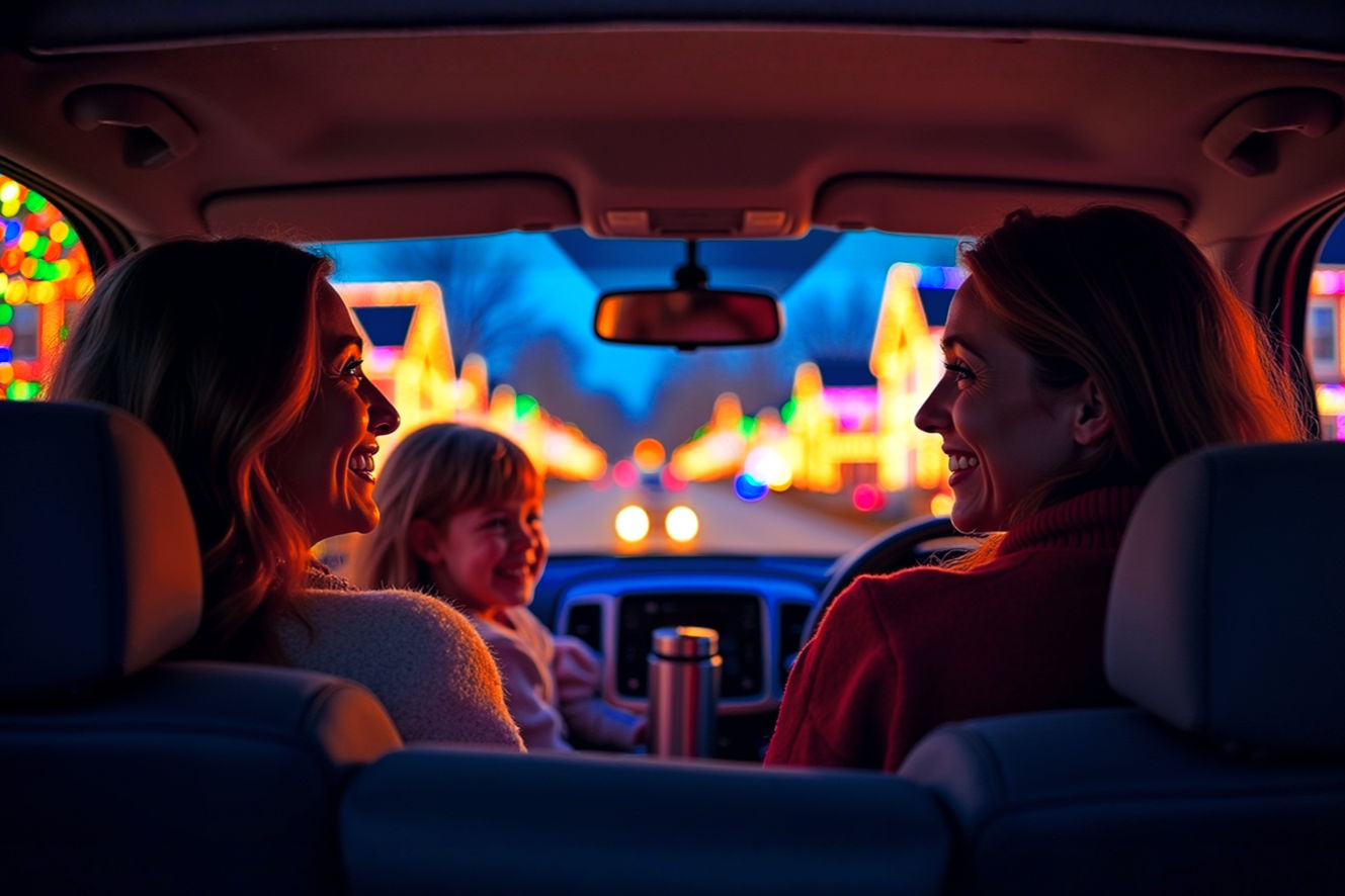 A highly detailed, professional photograph capturing a family enjoying a Christmas light tour. The image is a wide, horizontal shot from inside a car at night. Through the windshield, a stunning, vibrant holiday light display is visible, with multi-colored lights synchronized in a complex, beautiful pattern on a suburban home. The lighting inside the car is soft, warm, and golden, illuminating the happy, smiling faces of a parent and a child. The child, in the backseat, has a wide-eyed, joyful expression, with the reflected lights dancing in their eyes. A thermos of hot cocoa is visible in the foreground. The composition is dynamic, balancing the cozy, intimate scene inside the car with the breathtaking, magical spectacle outside. The focus is sharp on the family, with a slight, beautiful bokeh effect on the farthest lights. The overall mood is one of pure, unadulterated joy, warmth, and festive wonder. The style is hyper-realistic, professional photography.