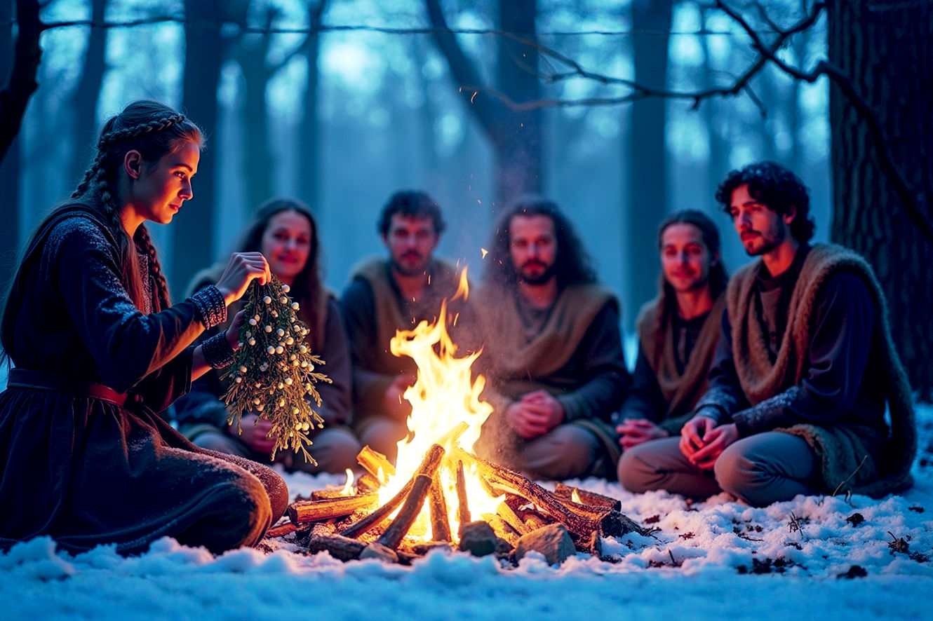 A lifelike, professional photograph capturing a mystical and reverent winter solstice ritual. The scene is set in a snow-dusted, ancient oak forest at twilight. A small group of people in historically-inspired Iron Age Celtic clothing are gathered around a large, crackling bonfire that serves as the primary light source, casting a warm, golden glow and long, dramatic shadows. One central figure, a woman with braided hair, gently holds a sprig of green mistletoe with white berries, looking at it with reverence. The mood is ancient, communal, and filled with hopeful anticipation for the returning sun. Use a dynamic composition with a shallow depth of field to focus on the central figures and the fire, with the cool blue light of dusk filtering through the gnarled, bare branches of the surrounding trees.