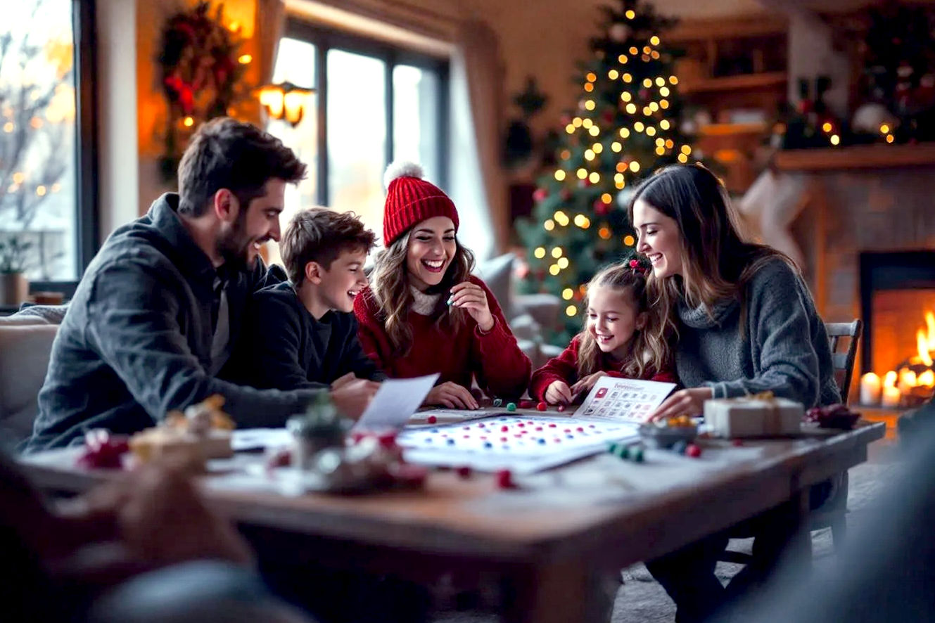 Professional, lifelike, high-resolution photography. A warm, cozy holiday living room scene at dusk. The main subject is a family (a mother, a father, a teenage son, and a young daughter) sitting around a rustic wooden coffee table, actively engaged in a game of Christmas Bingo. The family is laughing and smiling, with a sense of genuine joy and connection. The table is filled with festive bingo cards, small red and green candy markers, and small, wrapped prizes. In the background, a beautifully decorated Christmas tree with warm white lights glows softly, and a fireplace is lit, casting a warm, inviting light. The overall mood is intimate, joyful, and festive. Shot with a prime lens, shallow depth of field, and natural, golden-hour light from the window. The focus is sharp on the family's faces and the game board. The color palette is rich, with deep reds, forest greens, and warm golds.