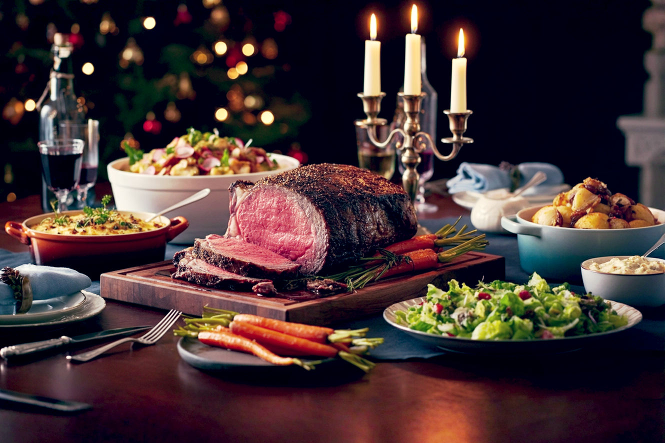 A professional, magazine-quality photograph of a beautifully set Christmas Eve dinner table. The scene is warm and inviting, illuminated by candlelight and the soft glow of a Christmas tree in the background. A magnificent, perfectly cooked prime rib roast sits on a carving board at the center of the table, surrounded by complementary side dishes like glistening honey-glazed carrots, a creamy potato gratin in a rustic dish, and a vibrant green salad. The style should be elegant yet cozy, with rich, deep colors and a shallow depth of field that focuses on the food while capturing the festive ambiance. The mood is one of abundance, warmth, and cherished tradition.