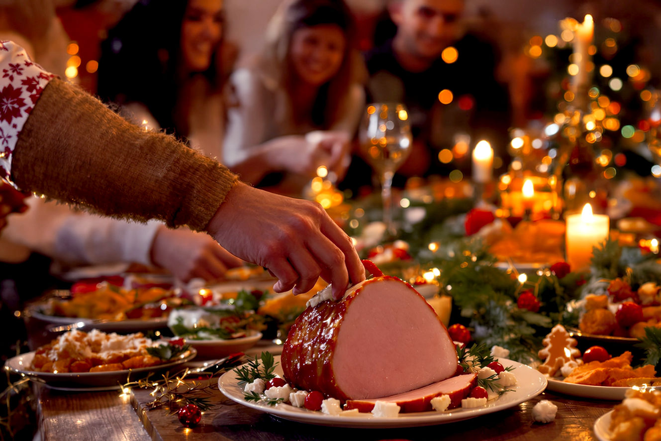 A professional, lifelike photograph of a festive, cozy, and warmly lit Christmas Eve potluck. The scene is a well-decorated dining room with a large, rustic wooden table at the center, overflowing with a variety of beautifully presented holiday dishes. The lighting is soft and golden, with warm glow from fairy lights and candles creating a magical, inviting mood. The camera angle is a medium close-up, focusing on a diverse array of hands belonging to people of different ages, reaching for different dishes. A hand is gently placing a serving of roast ham on a plate, while another is holding a festive gingerbread cookie. The people are smiling and interacting in the background, out of focus. The composition is dynamic and full of life, capturing the spirit of community and shared joy. The colors are rich and vibrant, with deep reds, warm oranges, and festive greens. Professional, detailed, and high-resolution photo.