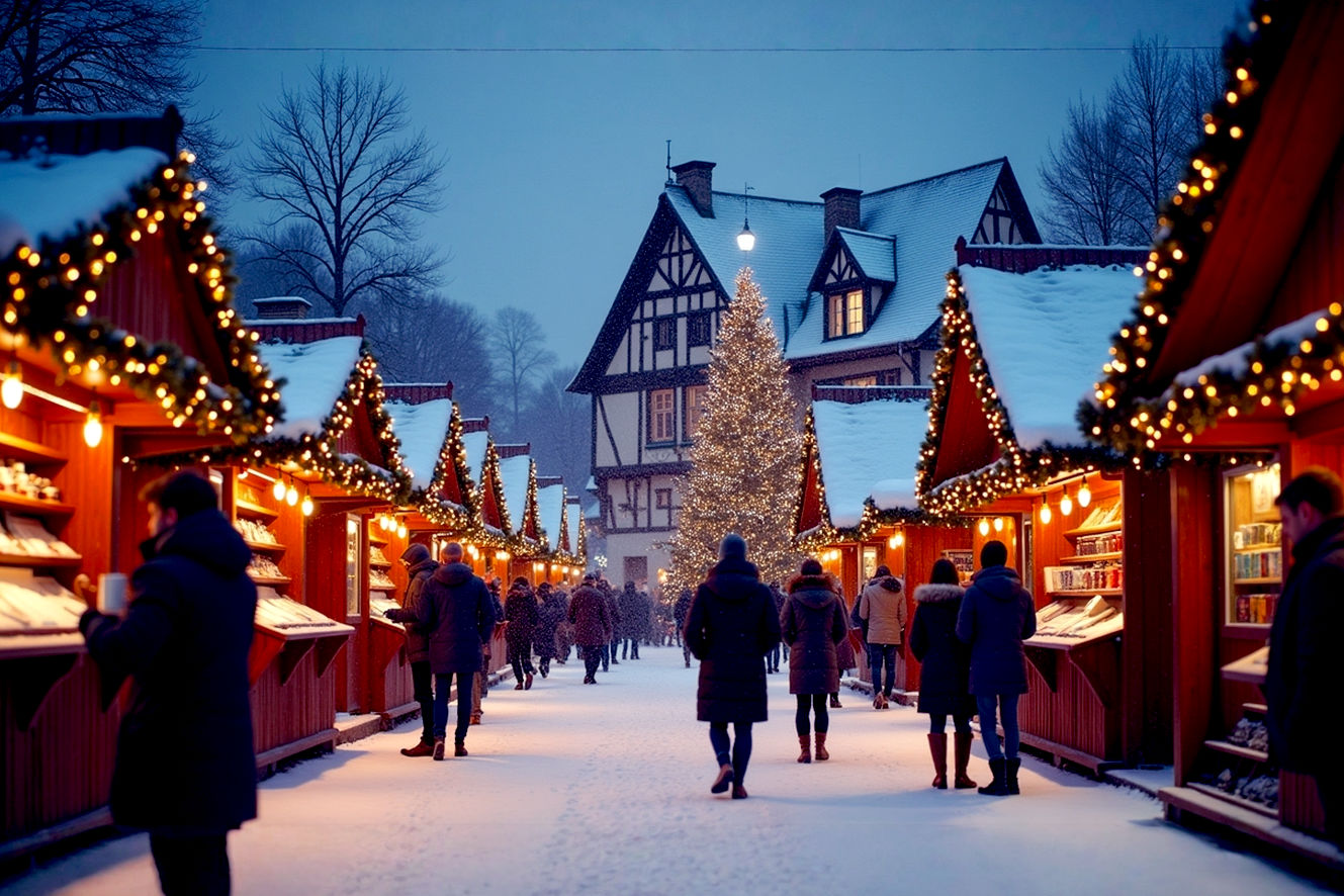 A professional, lifelike wide-angle photograph of a charming, snowy European Christmas market at twilight. The scene is bustling with people warmly dressed in winter coats, sipping from mugs and browsing small, glowing wooden stalls decorated with twinkling lights and festive garlands. In the background, a historic, half-timbered building with snow on its roof and a large, decorated Christmas tree. The mood is cozy, magical, and joyous. Soft, diffused lighting from the stalls and streetlights creates a warm glow that contrasts with the deep blue of the sky. The composition is dynamic, drawing the viewer's eye into the heart of the market. High-resolution, crisp focus. Professional photography aesthetic.