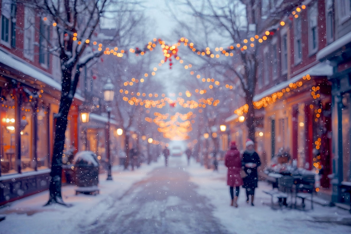A lifelike professional photograph of a snowy, historic small town main street at dusk during the Christmas season. The perspective is a wide shot, looking down the street. The mood is cozy, magical, and inviting. Focus on the details: glowing, warm-toned string lights are draped across the storefronts and trees, and a few people in winter coats are walking leisurely, maybe holding a cup of hot cocoa. The architecture is a mix of Victorian and Colonial styles, with snow-dusted roofs and light flurries falling gently. Use a shallow depth of field to create a blurred background. The lighting should be soft, golden, and warm, emanating from the windows and streetlights. The overall aesthetic should be that of a nostalgic, high-quality professional holiday photograph, avoiding any cartoonish or generic elements.