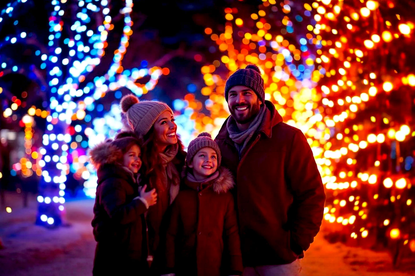 A lifelike, professional photography image. The core theme is the "dazzling Christmas light attractions in Salt Lake City, UT." The subject is a happy, diverse family of four (a mother, a father, and two children ages 7 and 10) walking through a breathtaking, immersive light display. The composition is a medium shot, with the family slightly off-center and the vibrant lights dominating the background. The lighting is magical and warm, with a mix of twinkling, multi-colored lights creating a bokeh effect in the distance. The mood is one of wonder, joy, and holiday togetherness. The family is dressed in warm winter clothes, laughing, and looking at the lights. The style is a high-resolution, sharp, professional photograph with rich colors and a slightly shallow depth of field to emphasize the magical atmosphere of the lights. The shot should feel authentic and candid, like a treasured family memory captured in time.
