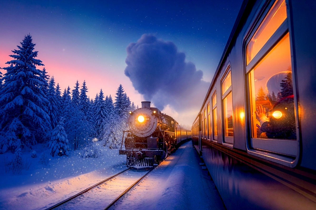 A vintage steam train with billowing white steam against a deep blue twilight sky Snow-laden evergreen trees creating a tunnel effect around the tracks Warm, inviting golden light emanating from the train's passenger car windows A child's silhouette visible in one of the windows, face pressed against the glass in wonder Sparkling snowflakes caught in the train's headlight beam The Northern Lights or stars visible in the darkening sky above