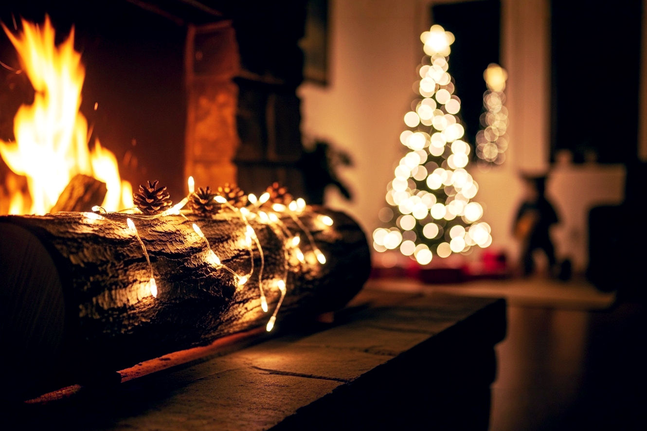 A vibrant, professional photograph in a golden-hour glow. The image shows a beautifully decorated Yule log resting on a hearth, with a subtle, out-of-focus background of modern Christmas tree lights. The composition blends the ancient, rustic log with the twinkling, modern Christmas lights, symbolizing the merging of the two traditions. The style is warm, nostalgic, and lifelike, with shallow depth of field to draw attention to the log and lights.