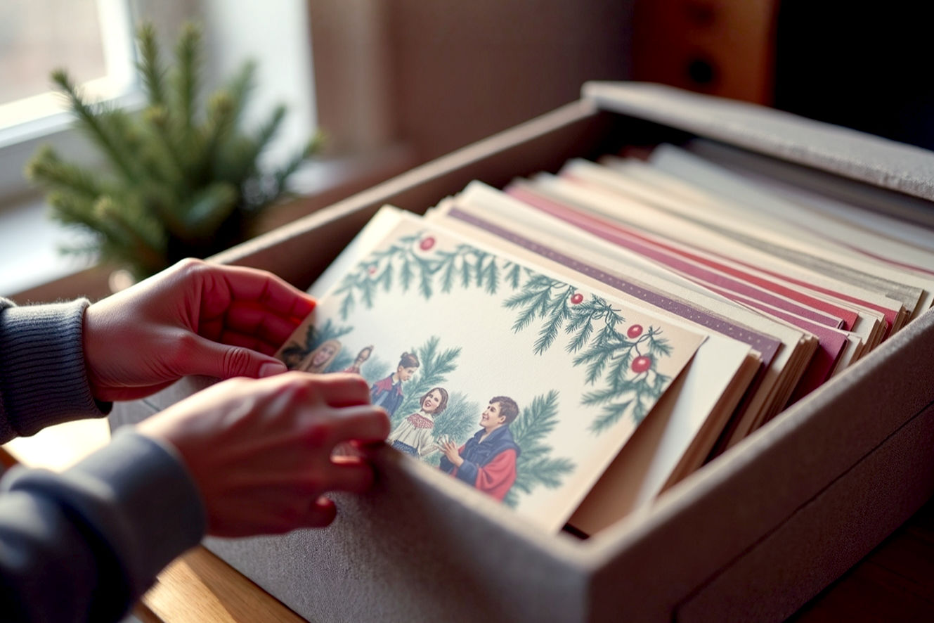 Lifelike, professional photography style image capturing the essence of cherished holiday memories. The scene features a collection of beautifully organized vintage and modern Christmas cards, meticulously arranged in an elegant, open archival storage box made of natural linen-textured material. A soft, warm glow from a nearby window creates gentle highlights and shadows, emphasizing the textures of the paper and the subtle colors of the cards. In the foreground, a pair of gently clasped hands (diverse, aged but well-cared-for, suggesting a generational connection) are carefully placing one more card into the box, conveying a sense of care and tradition. The background is softly blurred with a hint of festive, tasteful home decor (e.g., a subtle evergreen branch or a blurred cozy blanket), maintaining focus on the cards and the hands. Composition adheres to the rule of thirds, with the hands and box slightly off-center. Lighting is soft, diffused natural light, creating a comforting and nostalgic mood. High resolution, sharp focus on the cards, with a shallow depth of field to draw the viewer's eye.
