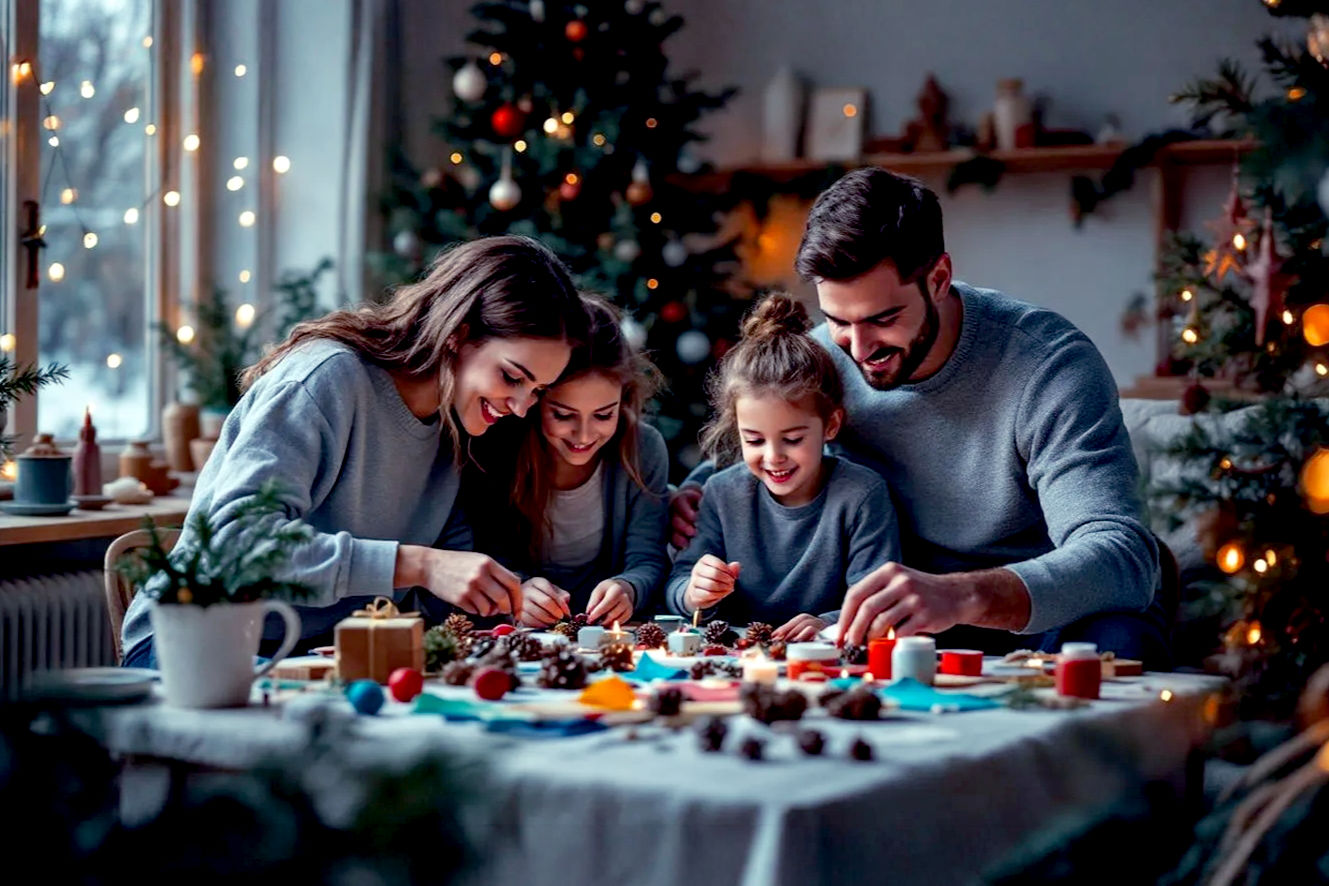 A high-resolution, lifelike professional photograph of a cozy, well-lit living room. In the foreground, a family (parents, a teenager, and a young child) is gathered around a table, actively engaged in crafting various Christmas tree decorations. The materials are spread out neatly, including colorful paper, felt, natural pinecones, and different craft glues. A beautiful, rustic wooden Christmas tree crafted from reclaimed wood stands on a side table, serving as a backdrop. Soft, warm light from a nearby window and string lights creates a magical, festive mood. The composition is a medium shot, focusing on the hands and faces of the people, capturing their joy and concentration. The style is warm, inviting, and highly detailed, with a shallow depth of field to draw attention to the crafting activity.