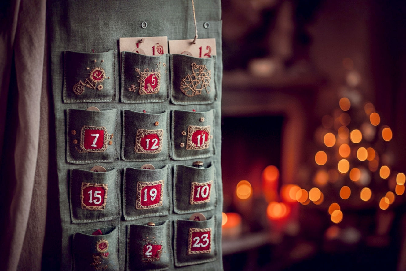 A close-up, lifelike professional photograph of a beautifully crafted DIY hanging Christmas countdown calendar. The calendar is made from a rich, textured green linen fabric with crisp, small red pockets, each embroidered with a white number. The numbers are from 1 to 25. The calendar hangs against a soft-focus background of a cozy, festively decorated living room with glowing fairy lights and a warm, out-of-focus fireplace. The lighting is soft and warm, coming from the side to highlight the textures of the fabric and the details of the stitching. The composition is intimate and inviting, focusing on the craftsmanship and the holiday cheer it represents. The overall mood is nostalgic, warm, and magical.