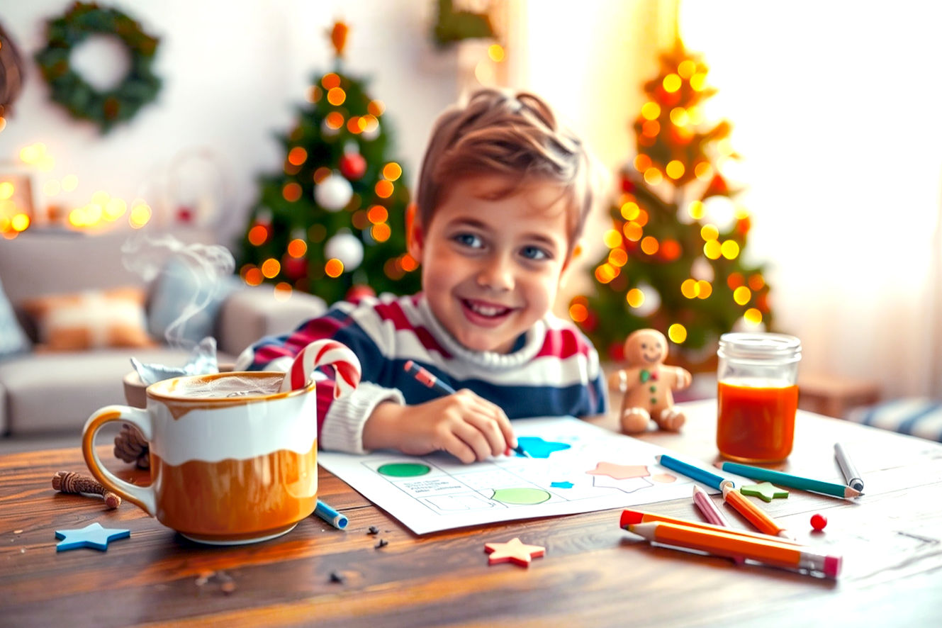 A highly-detailed, professional photography-style image depicting a cozy, festive holiday learning scene. In the center, a bright-eyed child, around 8 years old, is focused and smiling while working on a colorful, Christmas-themed worksheet at a rustic wooden table. The table is adorned with holiday elements like a steaming mug of hot cocoa with a candy cane, a small, frosted gingerbread man, and scattered colorful pencils and crayons. The background is a soft-focus bokeh of a warm, inviting living room with a decorated Christmas tree in the corner, sparkling with fairy lights.