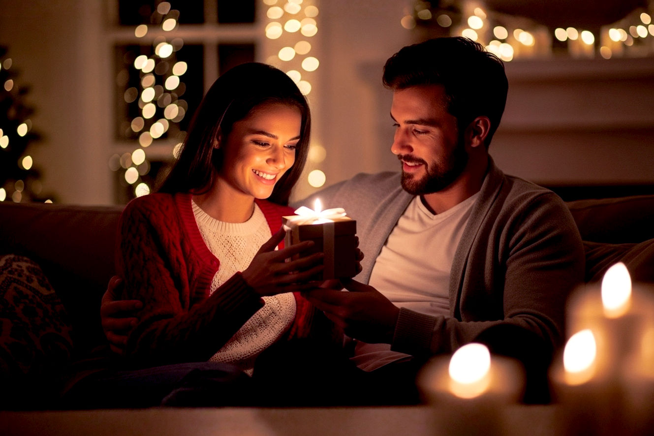 ether on a comfortable, plush couch in a beautifully decorated living room. Soft, warm, and inviting Christmas lights are twinkling in the background, creating a cozy and magical atmosphere. The woman is holding a small, elegantly wrapped gift and looking at it with a genuine, joyful smile. The man is sitting beside her, his arm gently around her, watching her reaction with a look of pure love and happiness. The focus is sharp on the couple and the gift, with the background bokeh blurring gently. The lighting is soft and golden, suggesting a peaceful evening. The mood is intimate, romantic, and genuinely heartwarming. High-resolution, professional studio lighting, detailed textures, and rich colors. The core theme is an unforgettable, intimate moment of giving.