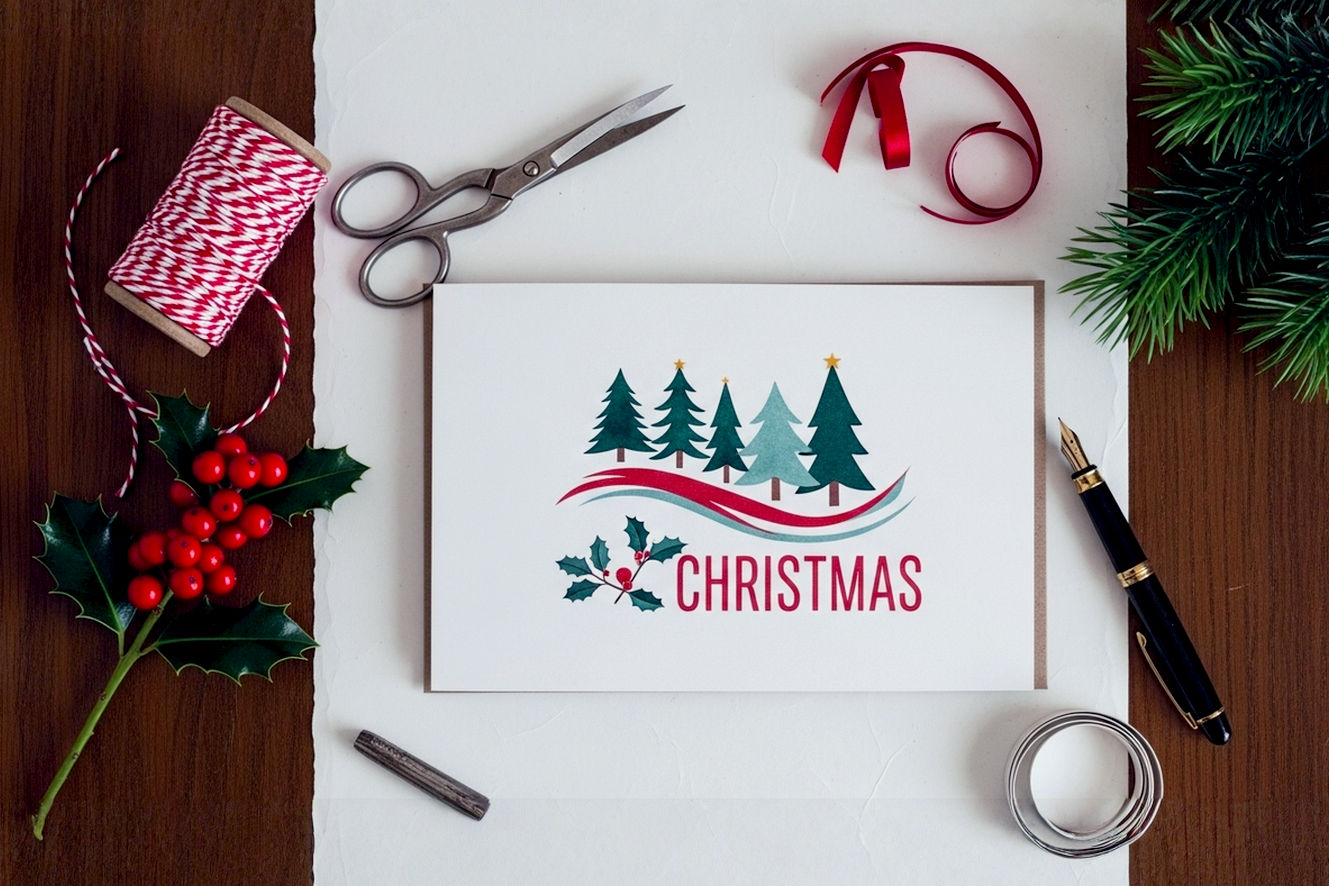 A lifelike, professionally photographed flat lay of a crafting table with a holiday theme. The central subject is a beautifully designed, freshly printed Christmas card with a modern, minimalist design, lying open on a sheet of textured, ivory cardstock. Surrounding the card are various crafting elements arranged artfully: a pair of vintage scissors, a spool of red and white twine, a small sprig of holly with bright red berries, a fountain pen, and a few curled ribbons. The scene is shot from a top-down perspective with a shallow depth of field, so the card is in sharp focus while the background is softly blurred. The lighting is warm and natural, creating a cozy, festive mood. The color palette is dominated by soft whites, deep reds, and natural greens, with a subtle wood texture from the table underneath.