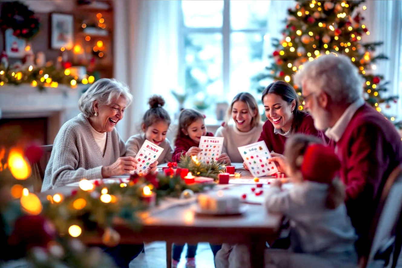 A vibrant, professional photography-style image captures a multi-generational family (grandparents, parents, children of various ages) joyfully gathered around a festive dining table, actively engaged in playing a Christmas-themed bingo game. The table is adorned with classic holiday decorations: a lush green garland, warm glowing fairy lights, and scattered small, wrapped gifts serving as game prizes.