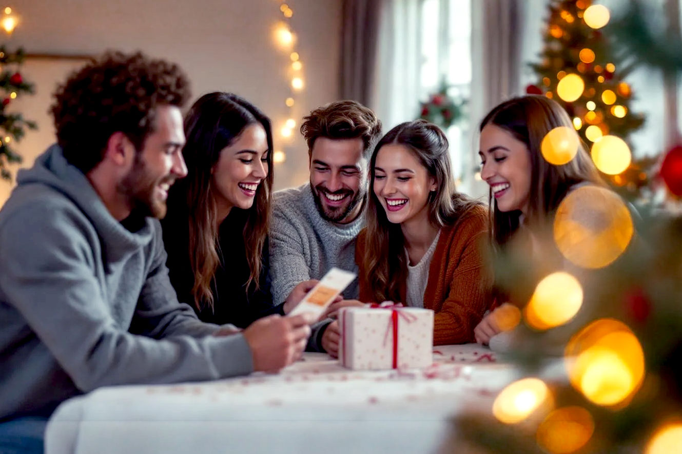 Professional, lifelike, high-resolution photograph of a group of four friends in their late 20s. They are gathered around a table in a cozy, softly lit room decorated for Christmas. Instead of unwrapping presents, they are laughing together while one friend shows the others a small, beautifully designed voucher or ticket for an experience. The scene should convey a sense of joy, connection, and anticipation. The lighting is warm and golden, with soft-focus bokeh lights from a nearby Christmas tree in the background. The style is professional lifestyle photography, capturing a genuine, candid moment of shared happiness. Avoid any traditional wrapped gifts in the frame. The focus is on the people and their emotional bond.