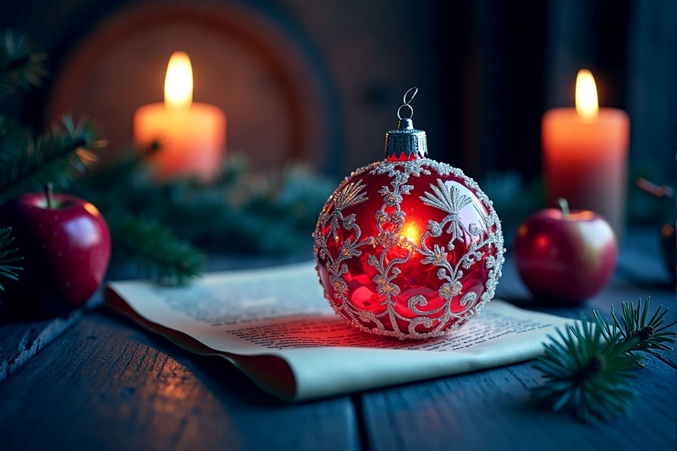 A highly detailed, lifelike, professional photography-style image. The central subject is a single, exquisitely crafted, antique glass Christmas bauble, perhaps a heavy, silvered kugel, subtly reflecting a nearby candle flame. The bauble should be positioned on a smooth, dark wooden surface, surrounded by other historical artifacts that hint at its origin: a scroll with old-world script, a single, polished apple, and a small sprig of evergreen. The lighting is soft, warm, and cinematic, creating a dramatic interplay of light and shadow that emphasizes the bauble's texture and historical significance. The background is a blurred, dark tableau of an old-world workshop, with glimmers of glass and tools.