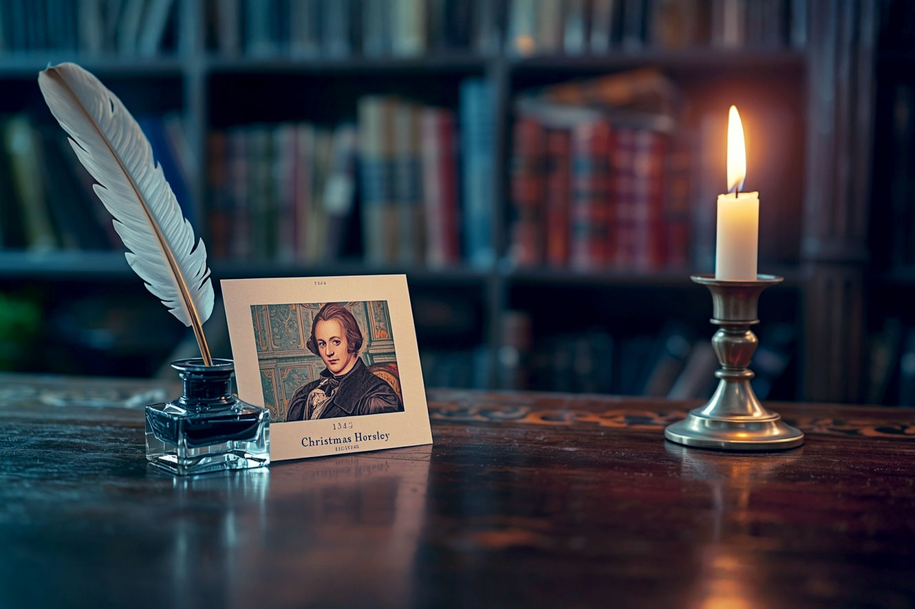 Professional, photorealistic photograph of the original 1843 Christmas card, designed by John Callcott Horsley. The card should be resting on a dark, polished Victorian-era wooden desk. Next to the card, place a classic inkwell with a quill pen and a flickering candle in a brass holder casting a warm, soft glow. The background should be slightly out of focus, suggesting a cozy, book-lined study. The mood is historical, intimate, and nostalgic, capturing the moment of a tradition's birth.