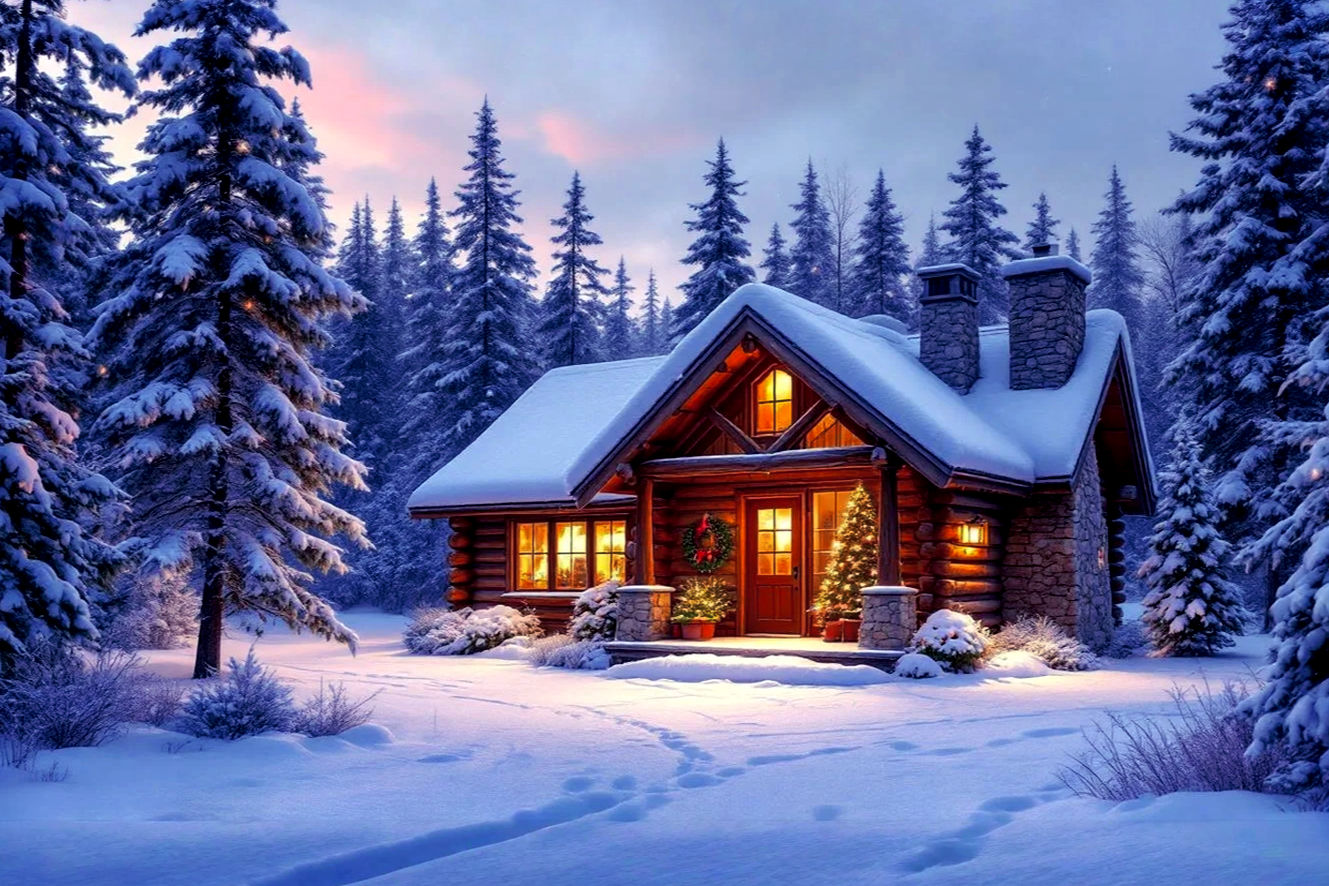 hyper-realistic, professional-grade photograph of a rustic, snow-covered log cabin at dusk. The cabin is nestled in a dense, frosty pine forest. Soft, warm light from within the cabin spills out onto the snow, highlighting a wreath on the front door and a decorated Christmas tree visible through a large picture window. A light dusting of fresh snow is falling, visible in the glow of the exterior lights. A stone chimney emits a wisp of smoke. The mood is tranquil, cozy, and magical. The composition is a wide shot, centered on the cabin. Use a high-quality DSLR camera aesthetic, with a shallow depth of field to keep the focus sharp on the cabin, and a filmic, cinematic color grade that emphasizes the warmth of the cabin against the cool blue of the winter evening.