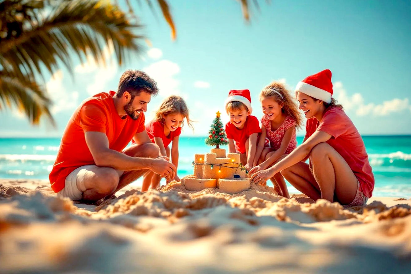 A lifelike, professional photography style image capturing the core theme of a hot Christmas holiday. The subject is a young family of four (two parents, two kids aged 8 and 10) joyfully building a sandcastle on a pristine, sun-drenched beach. The family is dressed in festive, but lightweight, red and green clothing. The sandcastle has a small, decorative Christmas tree topper and a string of solar-powered lights. In the background, calm turquoise ocean waves gently roll onto the shore under a clear blue sky.