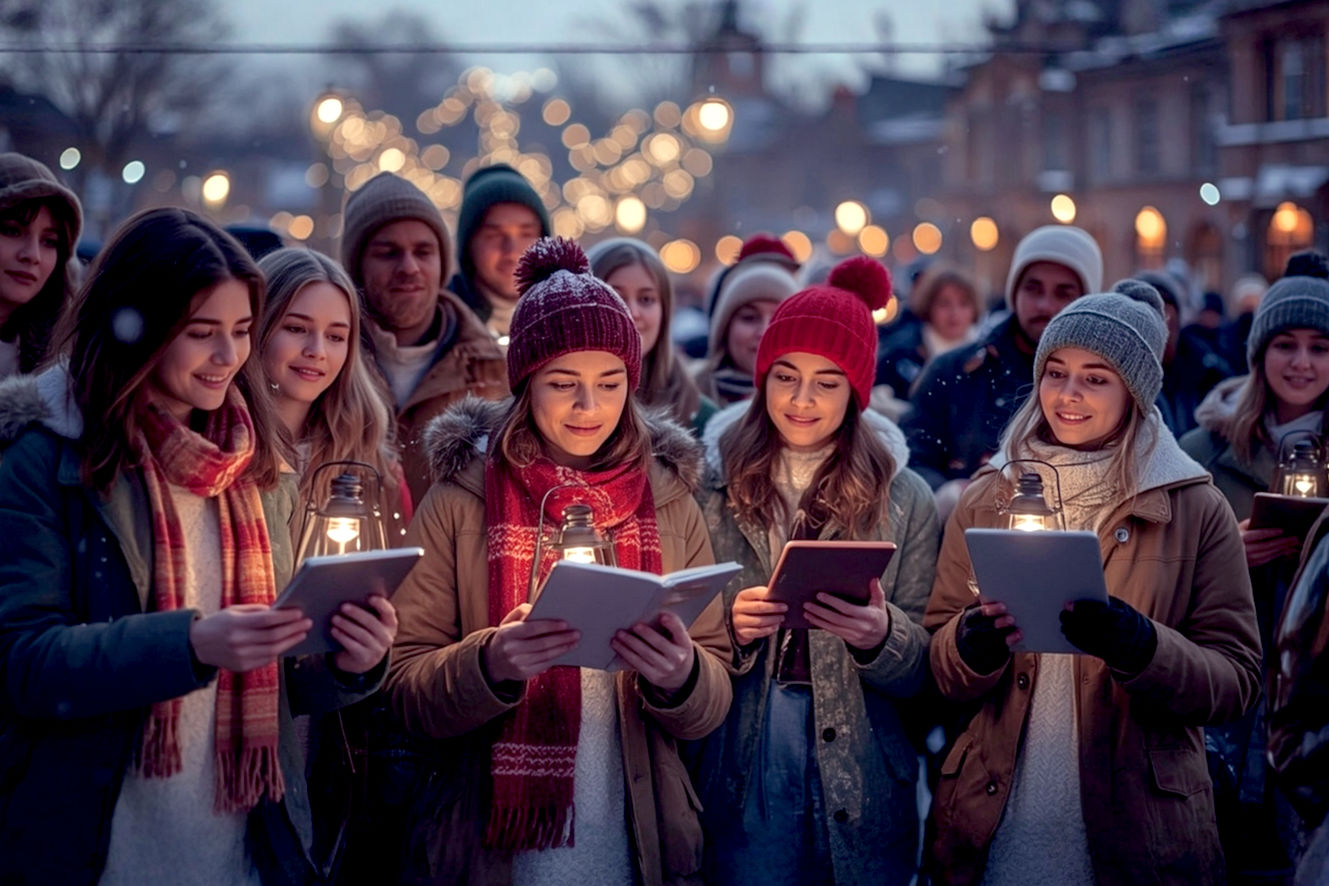 A lifelike, professional photography style image capturing the core theme of festive harmony and modern Christmas caroling. The composition should feature a diverse group of people of various ages and backgrounds, warmly dressed in festive attire (matching scarves, hats) with joyful expressions. They are holding small, battery-powered lanterns and tablets with digital songbooks, standing together in a softly lit, snowy outdoor setting at dusk. The background shows blurred, out-of-focus holiday lights and maybe a historic building, suggesting a community setting. The lighting should be soft and warm, with a golden hour glow, emphasizing a sense of togetherness and peaceful joy. The overall mood is authentic, heartfelt, and modern while honoring tradition. The image should be rich in detail with a shallow depth of field to make the carolers the clear focus.