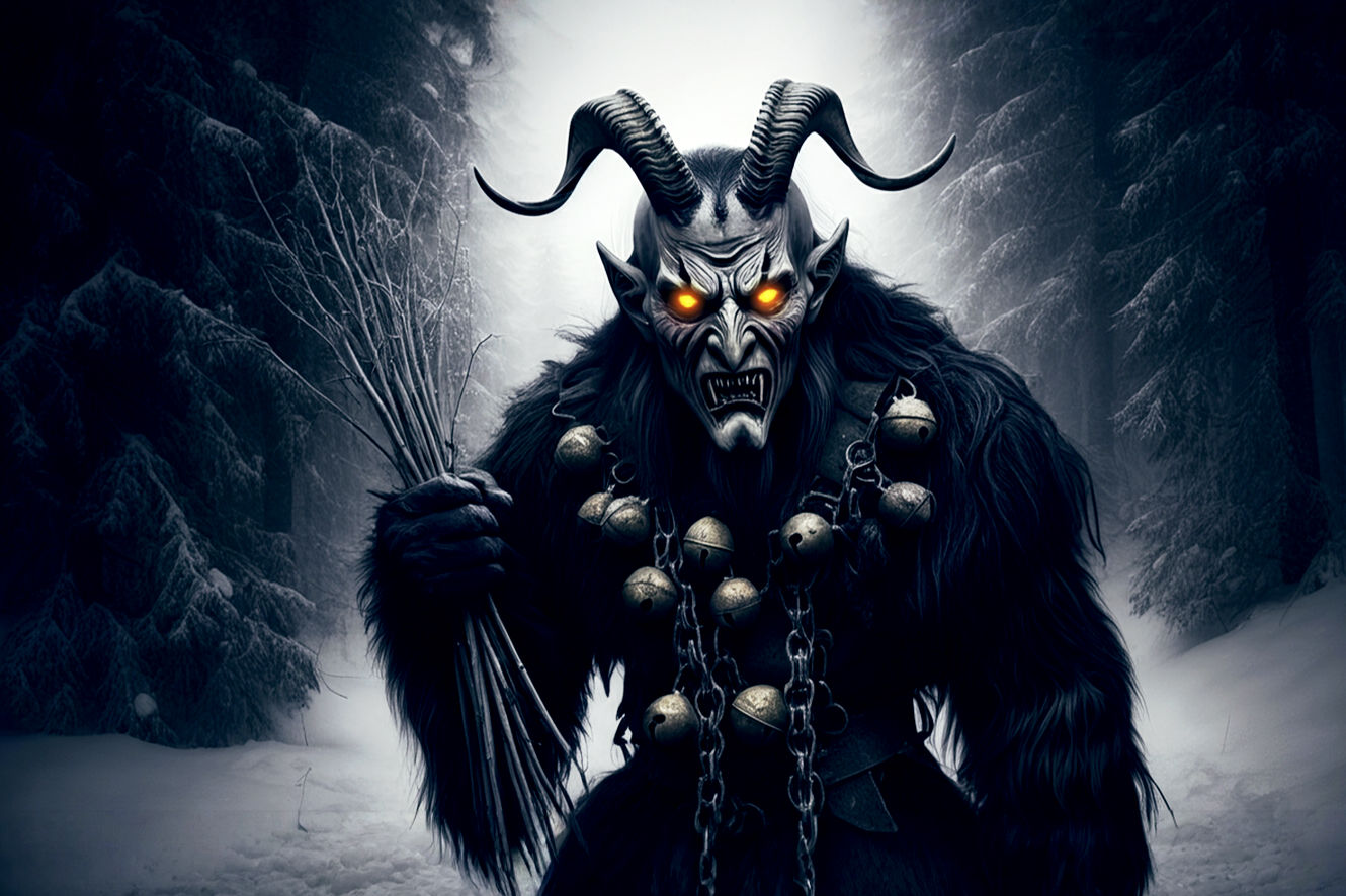 A highly detailed, hyper-realistic, and professionally photographed image. The central focus is a powerful, menacing Krampus figure standing ominously in a snow-covered, dimly lit forest in the Austrian Alps. The Krampus has large, gnarled horns, a dark goat-fur hide, and sharp claws. He is holding a bundle of birch rods in one hand and a heavy, rusty chain with large bells in the other. His eyes glow with a subtle, fiery light. The background is a dense forest of snow-dusted pine trees, shrouded in a mysterious, misty atmosphere. The lighting is dramatic and moody, with moonlight filtering through the trees, casting long, eerie shadows. The composition is a medium close-up, capturing the terrifying detail of the creature's face and costume, while hinting at the vast, cold wilderness behind him. The image should evoke a sense of ancient folklore, primal fear, and the historical depth of the legend. Professional photography style, cinematic, high resolution.