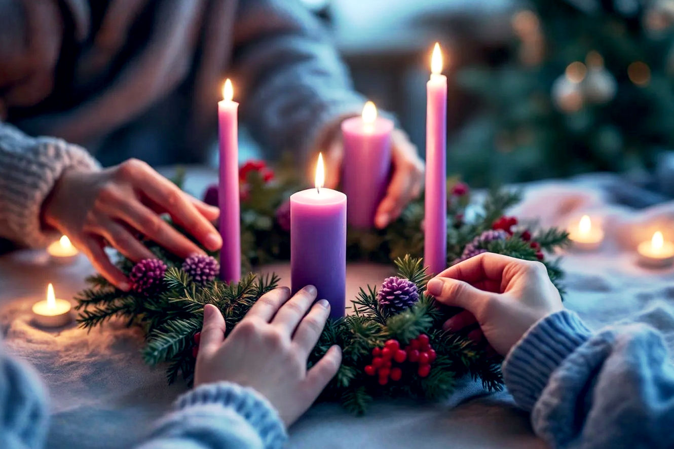 A highly detailed and lifelike professional photograph from a low-angle perspective, capturing a family's hands lighting an Advent wreath. The scene is softly lit by the candlelight, creating a warm and reverent atmosphere. The wreath itself is detailed with fresh green evergreen boughs and four candles, three purple and one rose, with one or more already lit and casting a soft glow. The focus is on the act of lighting, with a parent's hand steadying a child's hand as they carefully touch the flame to the wick. The background is a slightly blurred, cozy home interior, suggesting a sacred and intimate family tradition. The image conveys both the deep historical reverence and the practical, tangible reality of the ritual. The composition should be rich in color, with a shallow depth of field to draw focus to the hands and the flame.