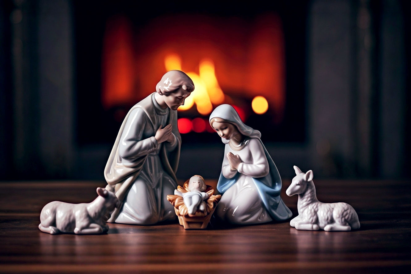 A vibrant, professional photograph of a meticulously arranged Lladro Nativity set, with a focus on the Holy Family. The composition is elegant and evokes a sense of cherished tradition and artistry. The background is softly blurred, possibly a cozy, fire-lit living room during the holidays, creating a warm and inviting atmosphere. Use soft, golden-hour lighting to cast a gentle glow on the glossy porcelain, highlighting the intricate details. The mood should be peaceful, nostalgic, and radiant.