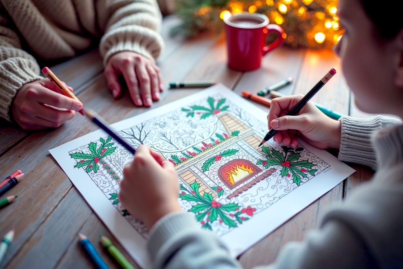 A close-up, top-down shot on a rustic wooden table. The scene centers on a pair of adult hands and a child's hands, each holding colored pencils and actively coloring a detailed, festive Christmas coloring page. The page itself features intricate holly leaves, berries, and a cozy fireplace scene. The lighting is warm and natural, creating a soft, inviting glow reminiscent of a cozy home on a winter afternoon. Shallow depth of field blurs the background slightly, highlighting the hands, pencils, and the texture of the paper. There are scattered crayons, a mug of hot cocoa with a candy cane, and a few other colored-in pages partially visible in the background, reinforcing the theme of a relaxed, joyful holiday activity. The overall mood is peaceful, creative, and heartwarming, emphasizing the shared experience of coloring.