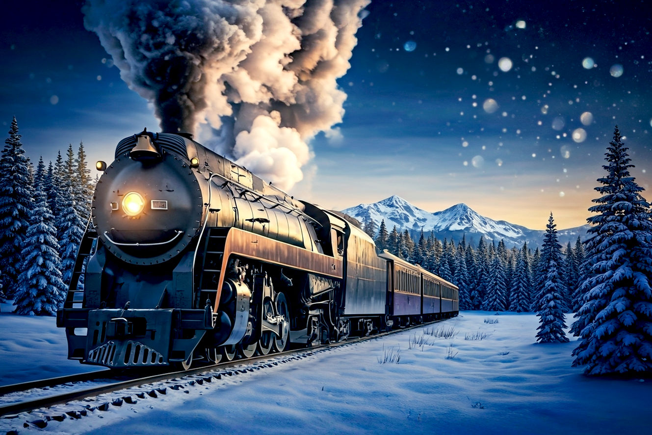 A lifelike professional photograph of a vintage steam train with snow-covered tracks. The train, a classic black locomotive, is brightly lit with warm golden lights and festive garlands. Its smoke billows into the cold, evening air. A family—a mother, father, and two young children in pajamas—is standing on the train's observation platform, waving and smiling. The father is holding a child, and the mother is holding the other child's hand. The backdrop is a serene, snowy pine forest with distant, snow-capped mountains under a deep blue twilight sky. The image has a magical, heartwarming, and nostalgic mood with cinematic lighting. The focus is on the festive train and the happy family, with a shallow depth of field to make the background softly blurred.