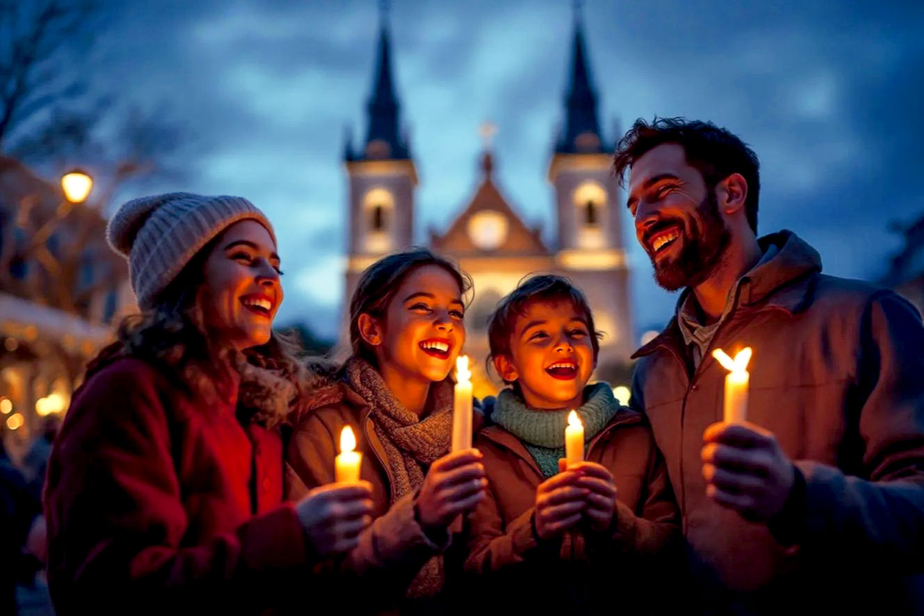 mas in New Orleans, LA. The scene should be Jackson Square at dusk, with the St. Louis Cathedral prominently in the background. The foreground features a joyful family—a mother, father, and two children (approx. ages 7 and 10)—holding lit candles and singing together with beaming smiles. Their breath is visible in the crisp air. The lighting is soft and warm, emanating from the candles and the cathedral's illuminated architecture. The mood is warm, nostalgic, and full of holiday cheer, with a soft focus on the surrounding crowd of carolers, creating a sense of community. The color palette is rich with deep blues of the twilight sky and warm golds and whites from the lights and candles. High-resolution, professional-grade photography with a shallow depth of field.