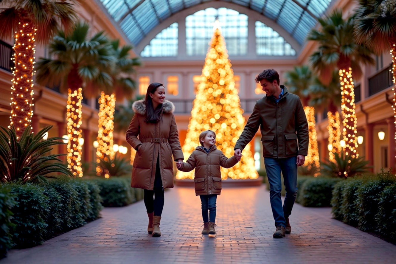 A lifelike, professional photography style image capturing the core theme of unique Christmas experiences in Nashville, TN. The scene is a medium-long shot of the Opryland Resort's indoor botanical garden atrium at night during the Christmas season. A young family—a mother, father, and a child about seven years old—is walking hand-in-hand along a cobblestone path. They are dressed in stylish, warm winter coats. The mother is smiling and looking down at the child, who is gazing in wonder at a towering, brightly lit Christmas tree in the distance. The father is looking forward with a contented expression. The background is filled with the resort's stunning decorations: thousands of twinkling, warm-toned lights draped over lush, tropical plants and ornate balconies. The atmosphere is magical and festive, but also cozy and intimate. The lighting is soft and glowing, with a slight lens flare from a few of the brightest lights, creating a bokeh effect in the background. The photo has a professional, high-end feel with a shallow depth of field, focusing on the family and the immediate surroundings. The color palette is rich with festive reds, greens, and golds against the dark blues of the night and the vibrant green of the foliage.