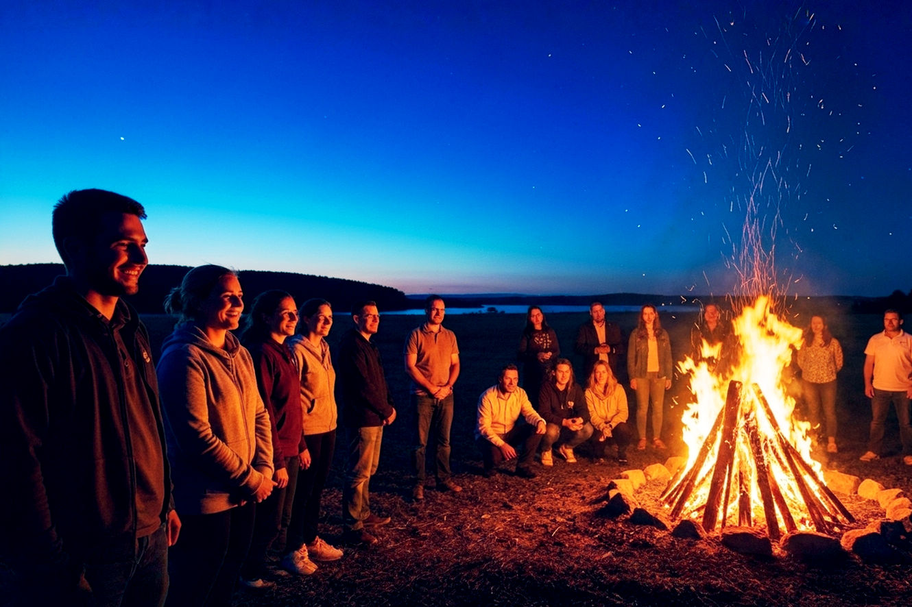 A vibrant, lifelike, professional photograph. The image should capture the core theme of the Nativity of St. John the Baptist feast day. In the foreground, a group of Christians are gathered around a crackling bonfire at twilight. They are smiling, with some looking towards the flames and others towards each other. The bonfire is central, casting a warm, orange glow that illuminates their faces and creates long shadows. In the background, a serene landscape transitions from the last vestiges of daylight to a deep blue, starry night sky. The composition should be dynamic, with elements of both fire and the natural world, symbolizing the fusion of ancient pagan and Christian traditions. The mood is celebratory, communal, and deeply meaningful. The photography style should be realistic and rich with color and detail, capturing the essence of a shared global experience. The image should be wide-angle to capture the full scope of the scene.