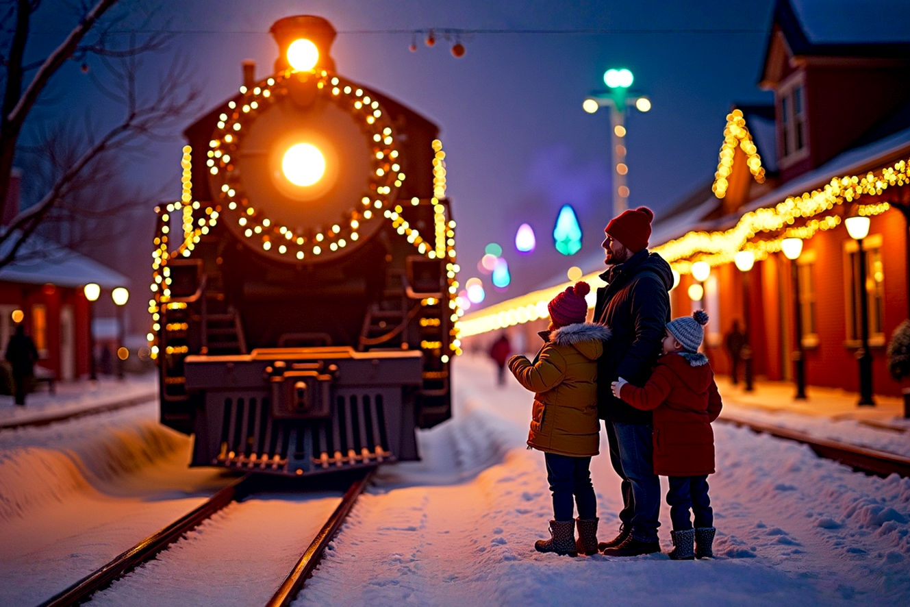 A professional, lifelike photograph of the Naugatuck Railroad Christmas Train at night. The locomotive is brightly lit with warm, golden holiday lights, casting a festive glow on the falling snow. A family, a mother, father, and two young children bundled in winter coats and hats, stands on the train platform, smiling and looking up at the train with a sense of wonder. The background features the historic Thomaston station, also decorated with tasteful holiday lights. The composition is a medium shot, capturing the family's excited expressions and the train's magical presence. The lighting is low-key but warm, creating a cozy and magical mood. The style is that of professional, high-quality holiday photography.
