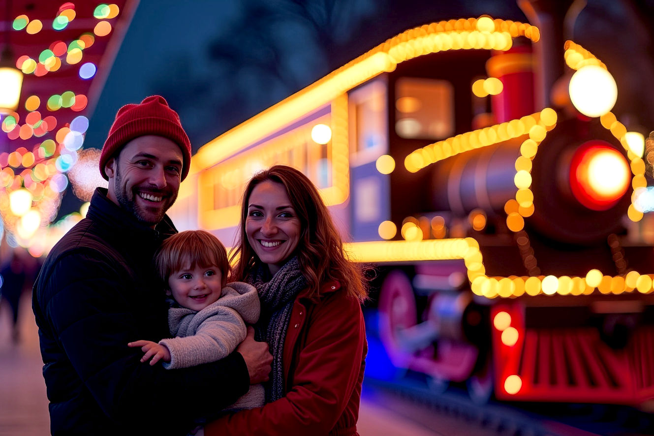 A lifelike, professional photography style image capturing a joyful family moment at the Christmas Express at Oaks Park. The composition is a medium shot of a young family—a mother, father, and a small child—standing on the decorated concourse. In the background, the vintage train is slowly passing, illuminated by warm, glowing Christmas lights. The family is in the foreground, smiling and pointing towards the passing train. The lighting is low-key, with the primary light source coming from the thousands of twinkling, colorful Christmas lights on the train and surrounding decorations, casting a magical, warm glow on the family. The mood is genuinely festive, nostalgic, and full of holiday cheer. The photo should have a shallow depth of field, with the family in sharp focus and the background lights creating a beautiful, soft bokeh effect. The style is that of a high-quality, professional holiday photo shoot.
