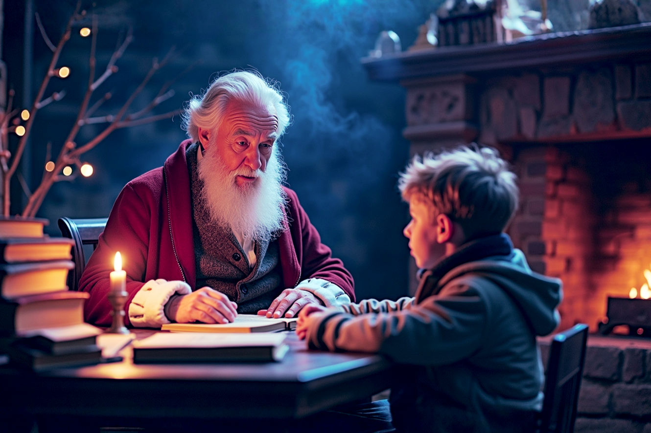A highly detailed, professional photograph depicting a 19th-century scene. An old, scholarly man with a kind face, resembling a pre-modern Santa Claus, sits by a fireplace in a cozy, dimly lit room filled with old books. He is pointing to a Dutch word in an old manuscript, explaining it to a young, curious child. The mood is warm, nostalgic, and educational. Use soft, golden lighting from the fire to create a sense of historical discovery and wonder. The focus should be on the act of storytelling and the passing down of a legend.