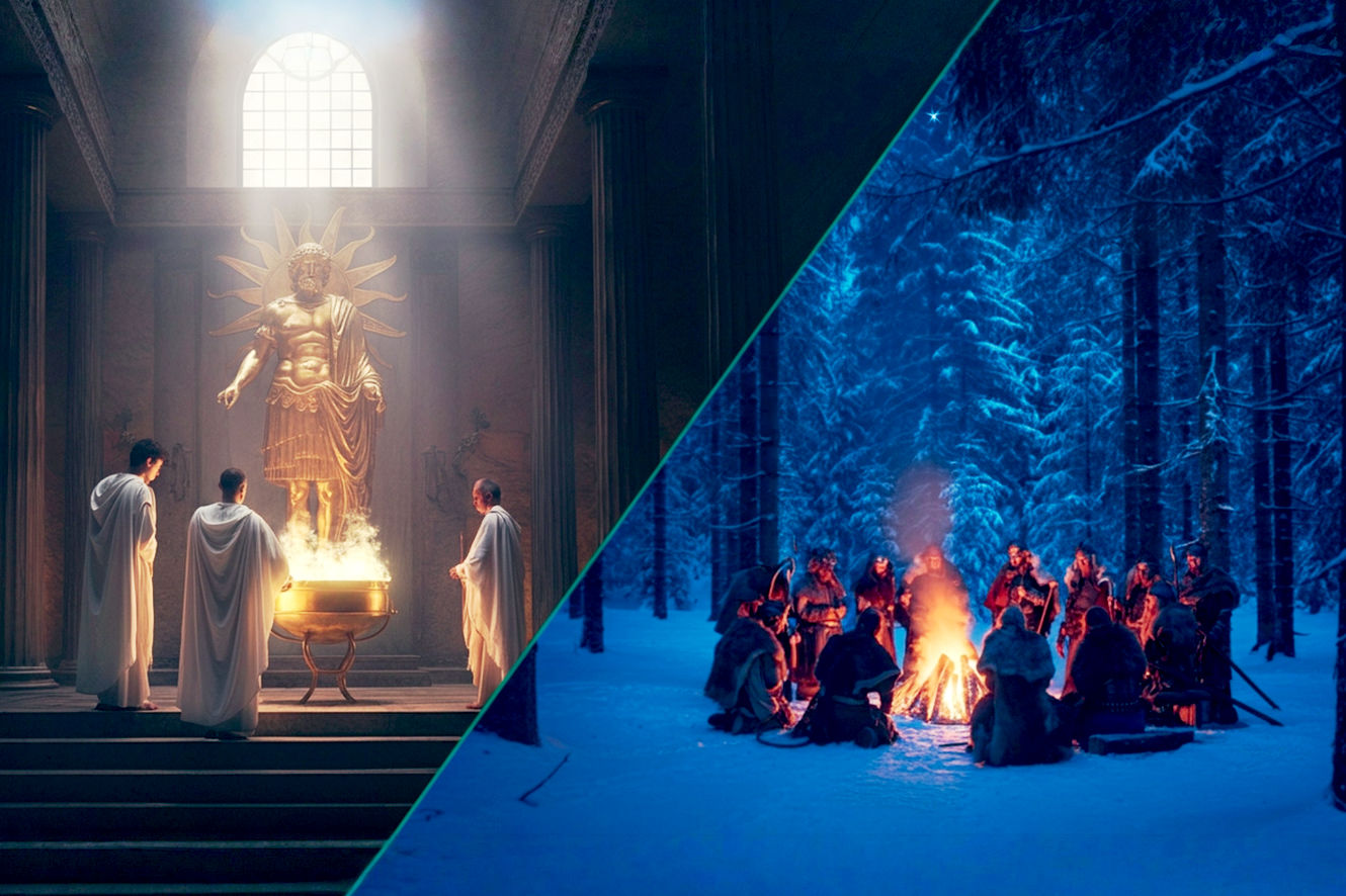 A cinematic, hyper-realistic photograph depicting a dramatic split-scene. On the left, a grand Roman temple interior dedicated to Sol Invictus, with priests in white robes lighting a large, ornate brazier before a golden statue of the sun god at dawn on December 25th; light streams through a high window, illuminating dust motes. On the right, a snow-covered clearing in a dark Germanic forest where Viking-age people in furs gather around a massive, burning Yule log, their faces lit by the warm, flickering firelight against the deep blue of the winter solstice night. The two scenes are divided by a soft, glowing line, blending the cold and warm light to capture the shared theme of light's return in the darkest of winter. The mood is ancient, reverent, and powerful.