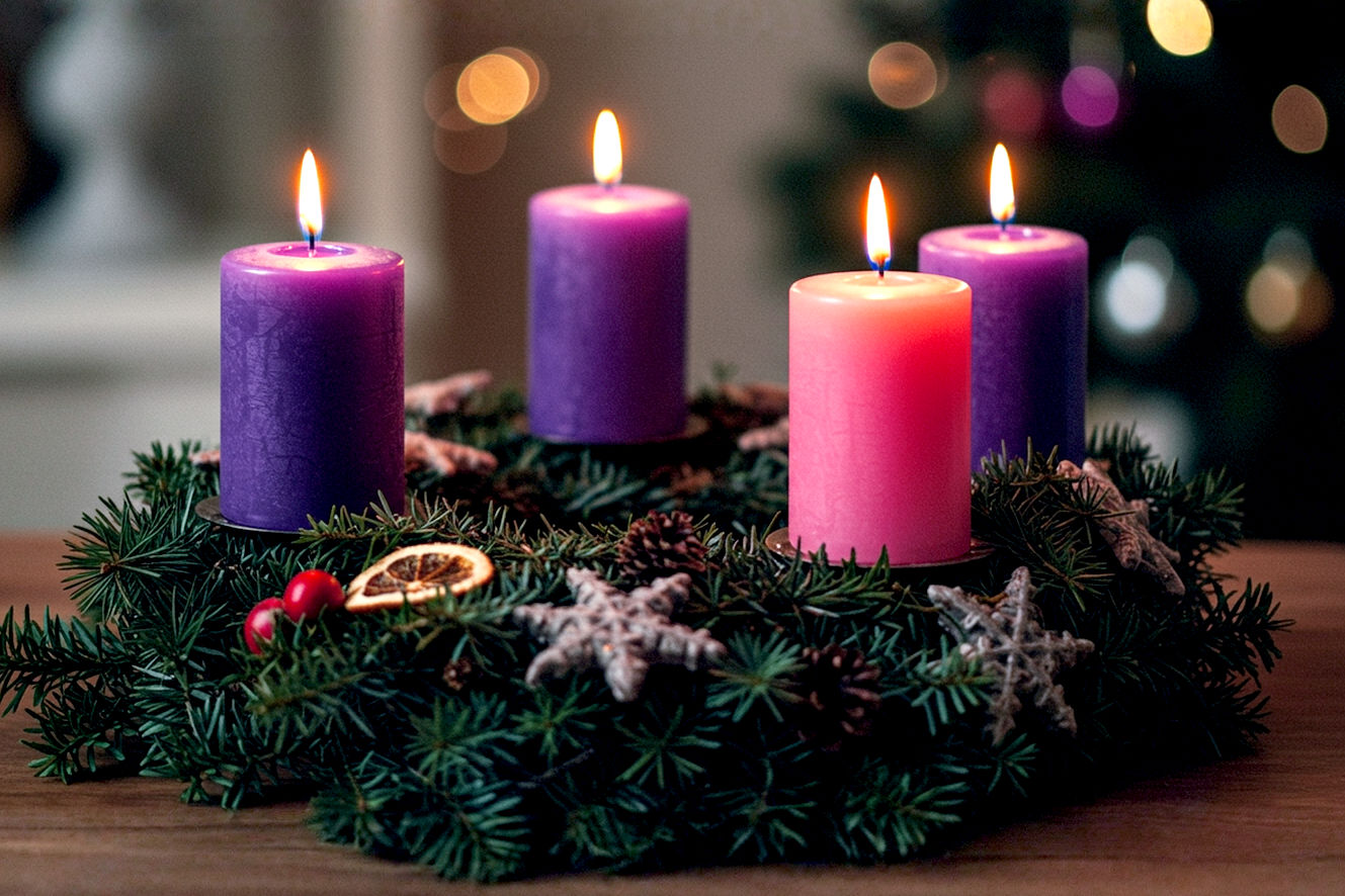 A professional, lifelike photograph capturing the serene yet joyful essence of an Advent wreath. The composition should prominently feature a beautifully crafted Advent wreath with three purple candles and one distinctly glowing pink candle, all partially burned, indicating the passage of time. The background should be softly blurred, hinting at a cozy, warm, and reverent home setting, perhaps with subtle, out-of-focus Christmas decorations or a warm fireplace glow.