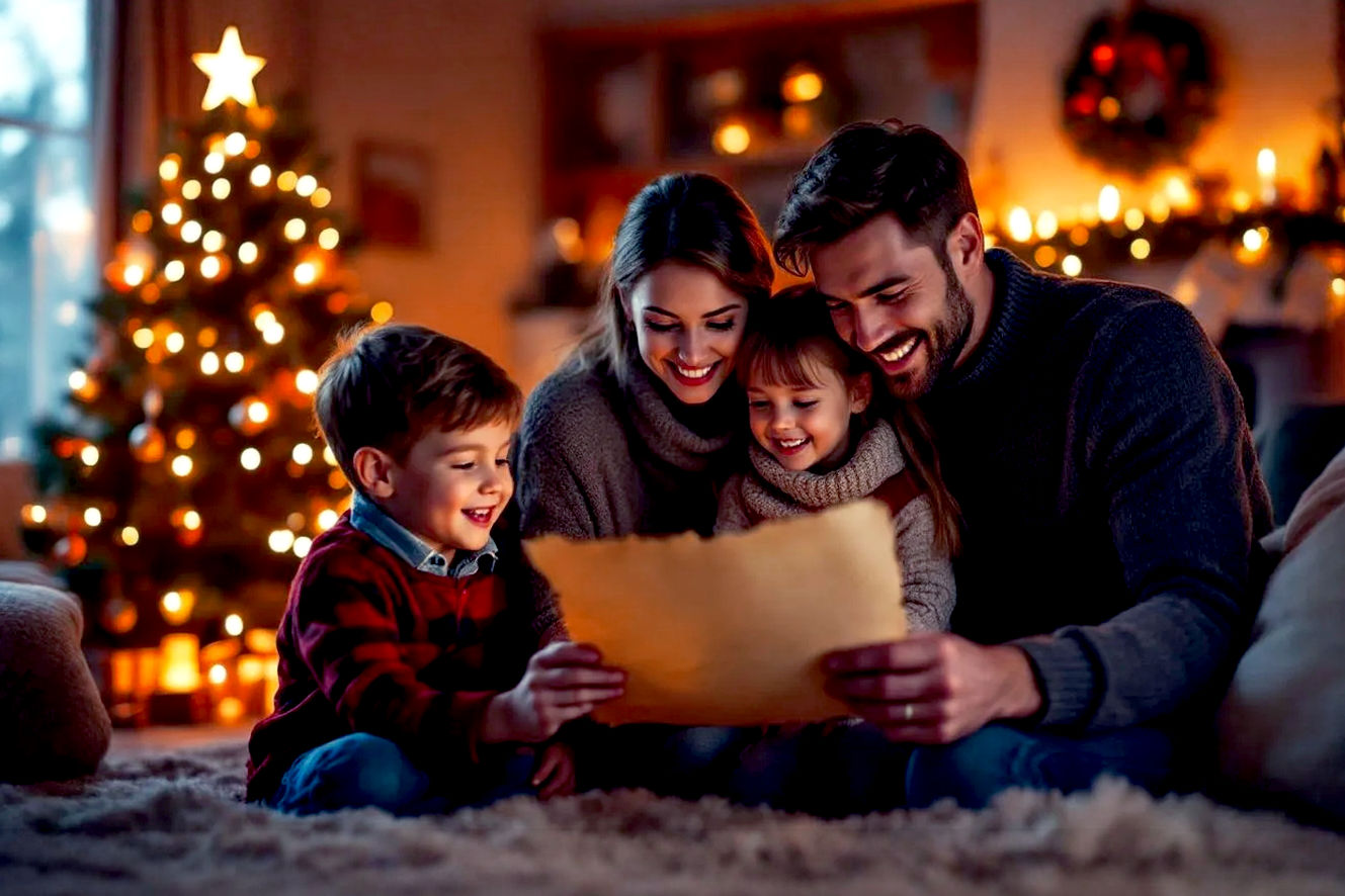 A hyper-realistic, high-resolution, professional-quality photograph of a family (parents and two children, a boy and a girl) gathered in a cozy, warmly lit living room on Christmas Eve. The family is smiling, looking at a handwritten clue on old, slightly singed parchment paper. A decorated Christmas tree with glowing white lights and a star on top is visible in the background, out of focus. A soft, warm glow from the fireplace illuminates the scene. The mood is joyful, full of anticipation and festive warmth. The camera is positioned at eye level, capturing the family's shared moment of excitement. The composition should be natural and candid, avoiding a staged look. Use a prime lens with a wide aperture to create a shallow depth of field. The color palette is rich, with deep reds, greens, and golds, emphasizing the holiday theme.