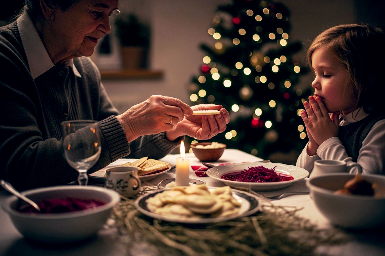 A hyper-realistic, professional photograph capturing the intimate, sacred moment of sharing the opłatek during a Polish Wigilia supper. An elderly grandmother with kind, wrinkled hands is offering a piece of the wafer to her young grandchild, whose face shows a mix of reverence and awe. The scene is set in a cozy, warmly lit dining room. In the background, a decorated Christmas tree glows softly. The table is covered with a white linen cloth, with a few wisps of hay peeking out from underneath. Dishes like red borscht and pierogi are visible but softly out of focus. The lighting should be warm and golden, reminiscent of candlelight, creating a deep, emotional mood. Use a shallow depth of field to emphasize the connection between the two generations.