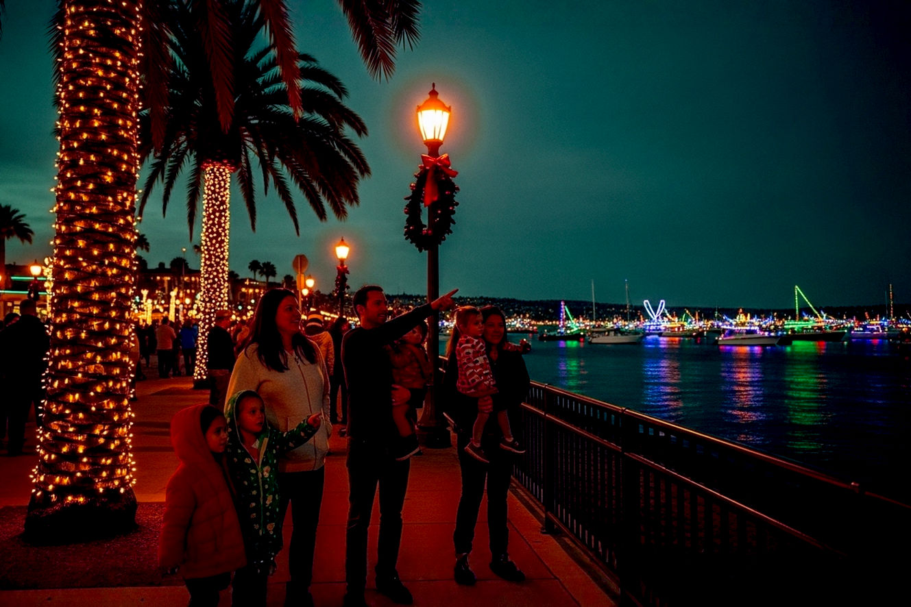 A professional, lifelike photograph capturing the core theme of Christmas in San Diego. The image features a couple of families, with young children, enjoying an evening stroll through a beautifully lit coastal boardwalk. In the foreground, a palm tree is wrapped in bright, warm holiday lights. The families are smiling and pointing at a boat parade with lit-up boats in the calm bay water in the background. The mood is warm, festive, and joyous. The lighting is a mix of the golden glow from the streetlights and the vibrant, colorful sparkle of the Christmas lights, casting soft shadows. The composition is a wide shot that shows the festive atmosphere of the boardwalk and the stunning backdrop of the parade on the water. The aesthetic is high-quality, professional photography, capturing authentic human emotion and the unique San Diego setting. Focus on a clear, sharp image with rich colors and a slightly shallow depth of field to draw attention to the foreground and the joyous expressions.