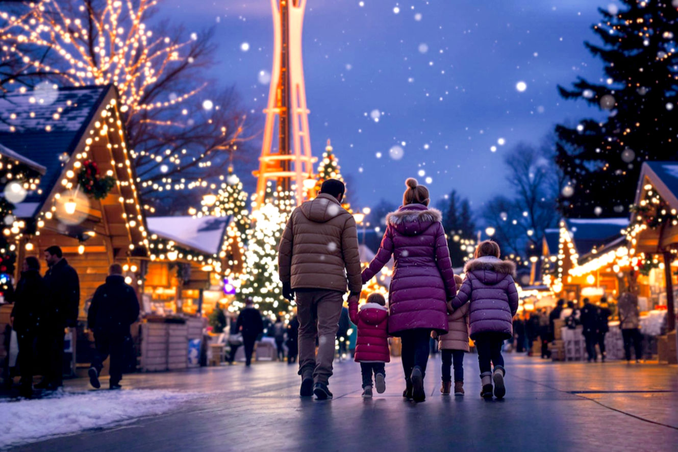 Create a lifelike, professional photography-style image capturing the magical essence of Seattle's Christmas celebrations. The composition should feature a wide-angle view of the iconic Space Needle illuminated against a twilight sky, with Christmas lights creating bokeh effects in the foreground. Include a family of four (parents and two children aged 6-12) in winter coats, walking hand-in-hand through a Christmas market setting with wooden vendor stalls visible. The scene should have warm, golden lighting from market stalls contrasting with cool blue twilight, creating a cozy, inviting atmosphere. Add subtle elements like falling snow or light rain typical of Seattle winter weather, evergreen trees in the background, and blurred figures of other families enjoying the festivities. The lighting should be professional portrait-quality with depth of field that keeps the family in sharp focus while the background elements create atmospheric depth. The overall mood should convey warmth, joy, family togetherness, and the unique character of Pacific Northwest Christmas celebrations. Include visual hints of the comprehensive nature of the guide: perhaps a glimpse of colorful market goods, twinkling lights, and the urban Seattle skyline blending with natural elements.