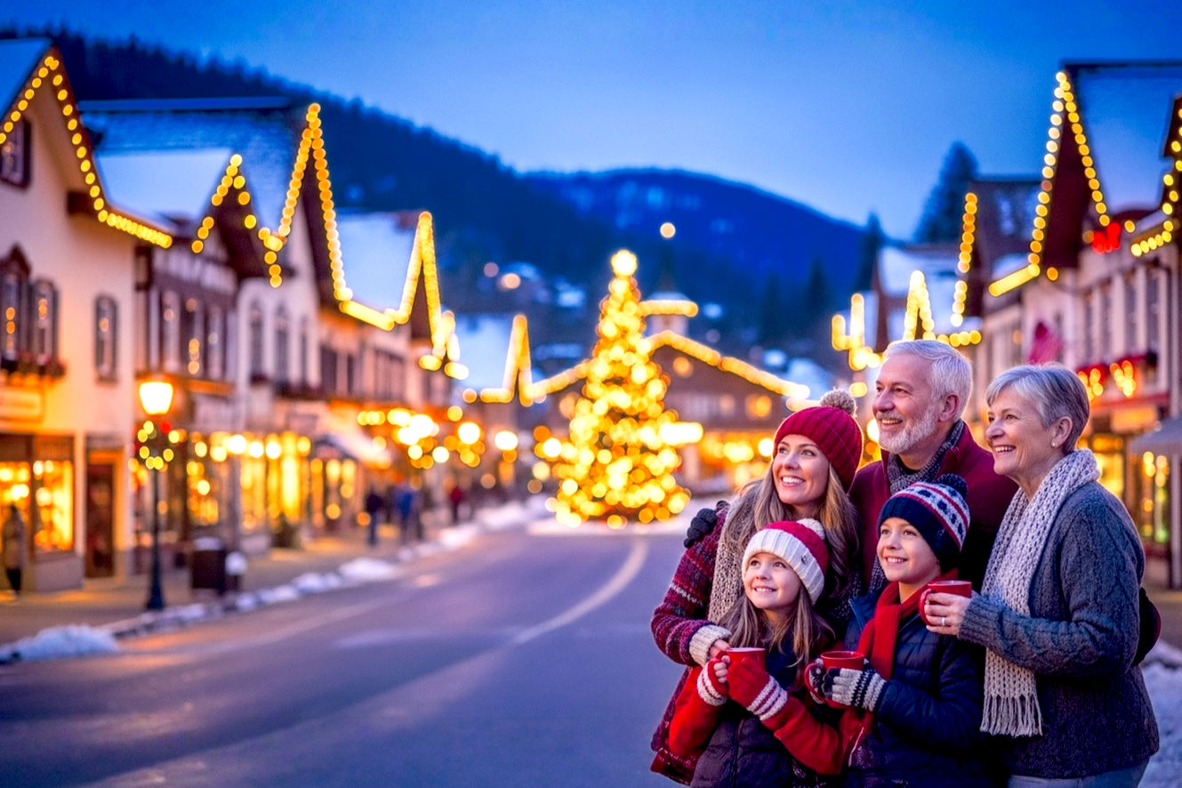 A stunning, professional-grade, lifelike photograph captures the core theme of a small town during Christmas. The image should feature a picturesque, European-inspired main street (like Leavenworth, WA) at twilight. Focus on the depth and charm, with warm, glowing lights outlining the Bavarian-style architecture and snow gently dusting the rooftops. In the foreground, an intergenerational family—a couple in their 30s with two children and an older grandparent—is bundled up, smiling, and holding mugs of cocoa. They are looking towards the beautifully lit town square, where a magnificent, decorated Christmas tree stands. The composition should use a shallow depth of field to keep the family in sharp focus while the vibrant, festive town in the background creates a sense of magical, bustling activity. The lighting should be soft and golden, emanating from the windows and streetlights, creating a cozy and inviting mood. The image should convey a sense of genuine holiday joy, community, and the timeless, quaint charm of a small-town Christmas, reflecting the encyclopaedic depth of the accompanying article.