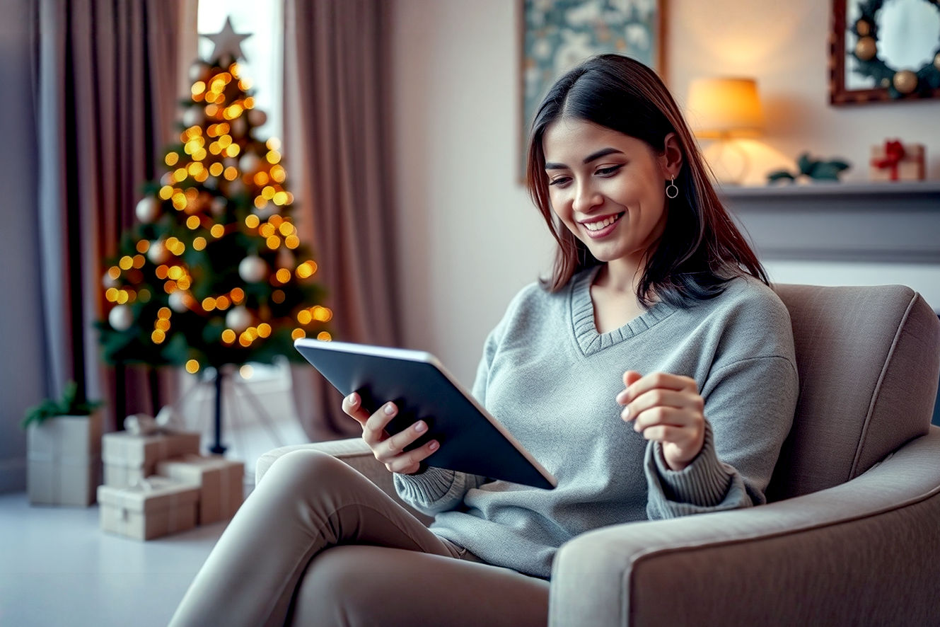 A high-resolution, lifelike professional photograph of a calm and organized person in a modern, cozy living room. The person, a woman in her 30s with a warm smile, is seated on a comfortable armchair, reviewing a neatly organized holiday checklist on a tablet. The background features subtle, elegant holiday decorations like a partially decorated tree with soft, glowing lights and a few wrapped gifts placed neatly. The scene is well-lit with warm, ambient light filtering through a window, creating a serene and inviting mood. The color palette is warm and natural, with greens, golds, and creams. The composition should be a close-up, horizontal shot with a shallow depth of field, focusing on the person and the tablet to convey a sense of purposeful calm and control.