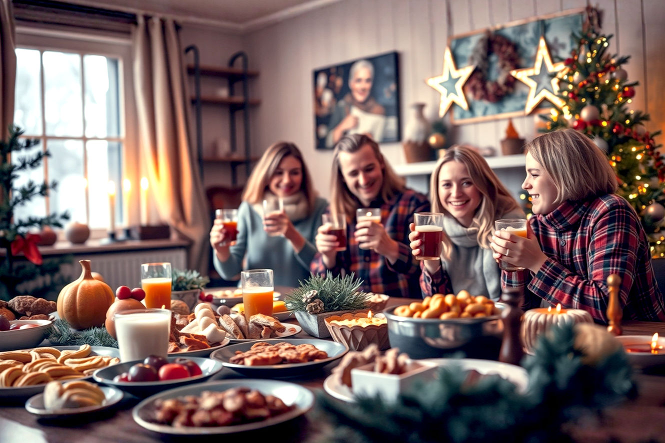 Professional photography, lifelike, highly detailed. A cozy, warm, and inviting scene depicting the core themes of a Swedish Christmas. In the foreground, a traditional Swedish Julbord spread with a focus on classic dishes like Julskinka, sill, and Jansson's Frestelse, beautifully arranged. In the mid-ground, a family (diverse ages, smiling warmly) is gathered around a table, perhaps raising small glasses of glögg or interacting with a child holding a pepparkakor. In the background, subtly visible through a window, an illuminated Advent star glows softly. The room is decorated with traditional Swedish Christmas elements: a decorated Christmas tree with straw ornaments and electric candles, and small tomte figures. Soft, warm, golden lighting creates a hygge atmosphere. The overall mood is joyful, traditional, and deeply communal, hinting at the comprehensive nature of the article. Shot with a shallow depth of field, natural light, and a slightly warm color palette.