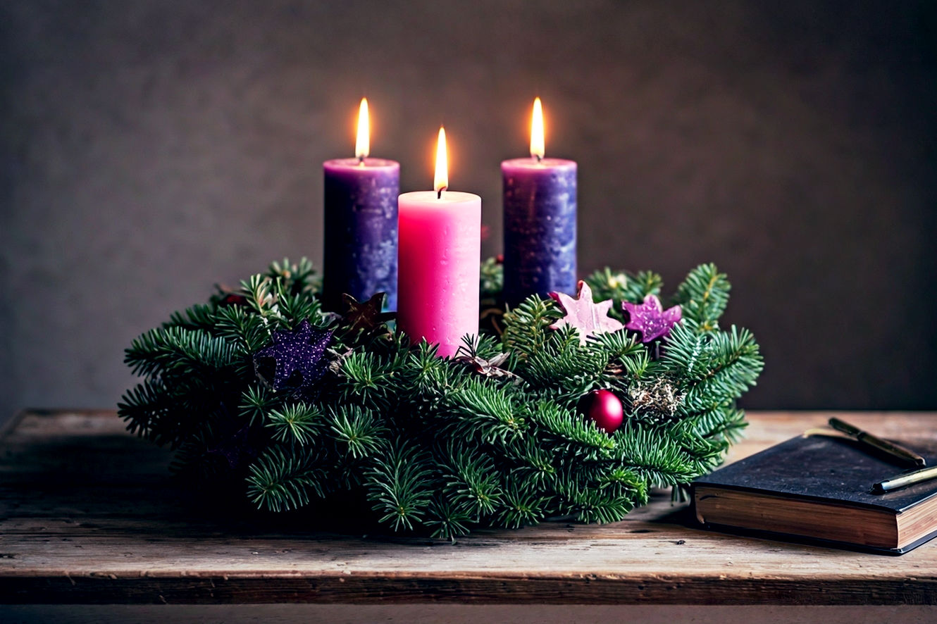 A warm, inviting, professional photograph of a traditional, handcrafted Advent wreath. The wreath is made of fresh evergreen boughs, with three deep purple candles and one pink candle, and it sits on a rustic wooden table. The candles are unlit, and the scene is illuminated by soft, golden-hour light from a nearby window. A small Bible and a journal lie next to the wreath, suggesting quiet contemplation. The composition is intimate and focused, with a shallow depth of field to emphasize the wreath. The mood is peaceful, reverent, and hopeful.
