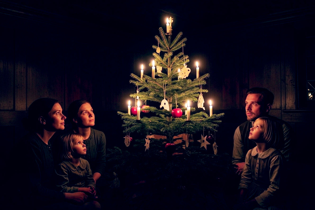 A professional, lifelike photograph capturing the historical and spiritual essence of the Christmas tree. The scene is set inside a dimly lit, 19th-century German home with dark wood paneling. In the center stands a tall, natural fir tree decorated with real lit candles, simple red apples, and delicate, handmade paper ornaments. A soft, warm glow from the candles illuminates a family—a mother, father, and two small children—gathered around, looking up at the tree with expressions of quiet wonder and reverence. The composition should be intimate and heartfelt, using chiaroscuro lighting to create a dramatic yet gentle mood that evokes the legend of Martin Luther and the deep, historical roots of the tradition.