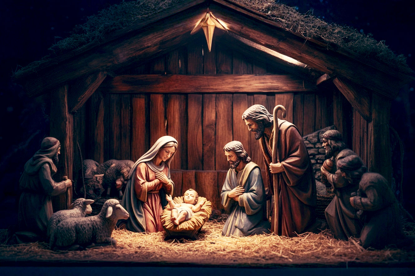 A professional, warmly lit photograph of a classic, intricately carved wooden Christmas creche. The scene is set inside a rustic stable at night. Soft, golden light emanates from the manger, illuminating the serene faces of Mary, Joseph, and the infant Jesus. In the background, shepherds and their sheep look on with reverence. The style is timeless and reverent, with a shallow depth of field that focuses on the Holy Family, evoking a sense of peace, wonder, and sacred tradition. High-resolution, detailed, and emotionally resonant.