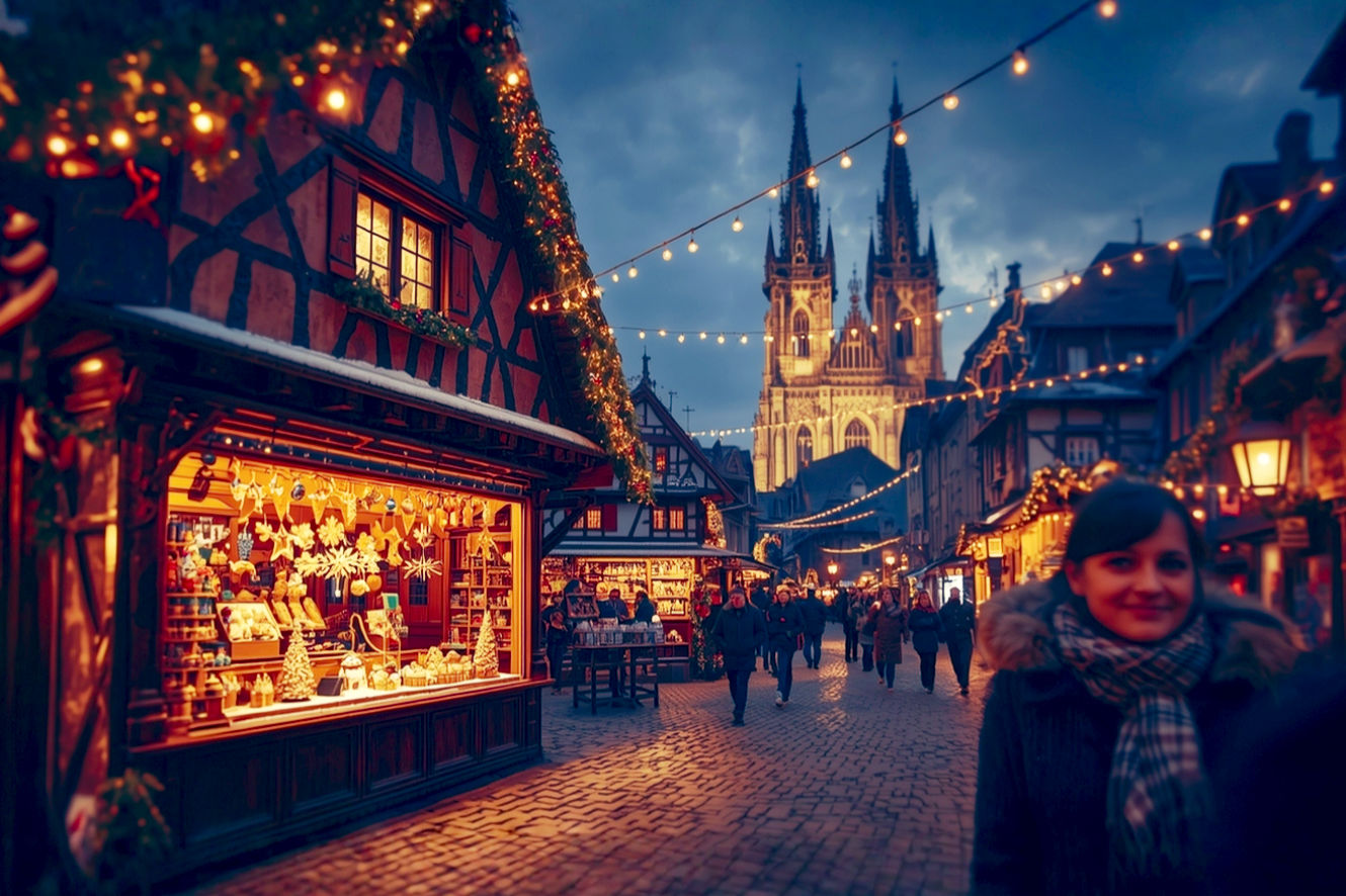 A vibrant, professional photograph capturing the magical atmosphere of the Strasbourg Christmas market at dusk. The scene is centered on a charming wooden chalet, warmly lit from within, selling colorful gingerbread and handcrafted ornaments. In the background, the magnificent Strasbourg Cathedral is partially visible, its Gothic architecture softly illuminated. The cobblestone street in the foreground is bustling with people, their faces filled with festive cheer, and a soft, golden glow from strings of fairy lights overhead bathes the entire scene. The mood is enchanting, warm, and full of holiday spirit. Use a dynamic composition with a shallow depth of field to draw focus to the chalet while conveying the lively ambiance.