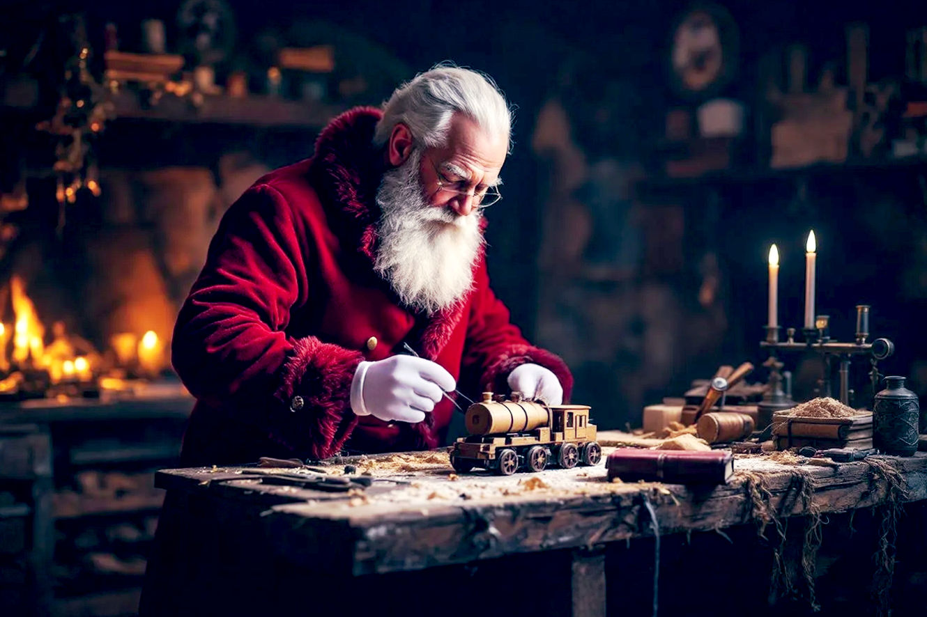 A professional, photorealistic image of Kris Kringle in a rustic, candlelit workshop. He has a kind face and a real white beard, wearing a deep red, fur-trimmed coat inspired by 19th-century illustrations. He is carefully painting a wooden toy train on a heavy oak workbench cluttered with antique tools, wood shavings, and leather-bound books. The lighting is warm and atmospheric, with soft light from a fireplace casting long shadows. The mood is nostalgic, magical, and deeply authentic.