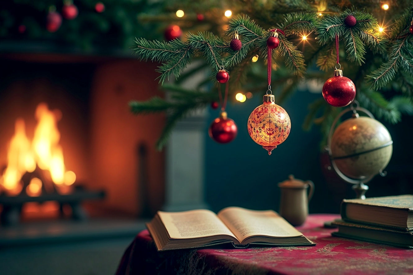 A highly detailed, lifelike, and professional photography-style image. The scene is a warm, historically-rich study with a half-lit Christmas tree, its lower branches decorated with historically accurate 16th-century German ornaments like paper roses, nuts, and small apples. An antique globe and aged books are visible in the soft, warm glow of a fireplace. A single, intricately decorated glass bauble from Lauscha hangs prominently on a branch. The lighting is intimate and golden, with a shallow depth of field that draws the eye to the tree's historical decorations, suggesting a deep, comprehensive story. The mood is one of quiet discovery and encyclopaedic knowledge. The overall aesthetic should evoke a sense of definitive historical research.