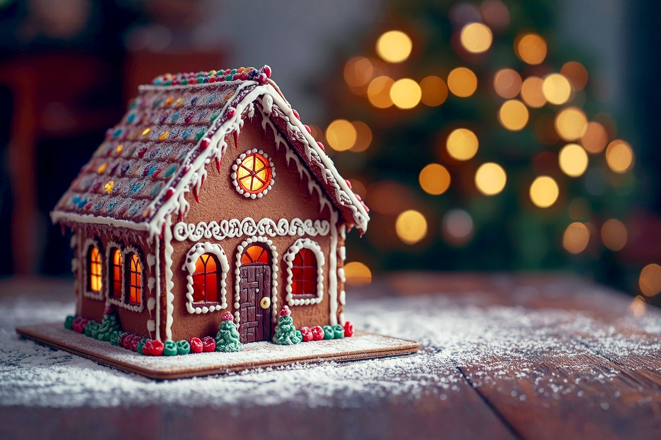 A professional, lifelike photograph of a beautifully detailed gingerbread house sitting on a rustic wooden table, dusted with powdered sugar snow. The house is adorned with colorful candies, intricate royal icing piping, and glowing stained-glass windows made from melted candy. In the background, festive Christmas lights are softly blurred, creating a warm, magical bokeh effect. The lighting is soft and golden, evoking a cozy, nostalgic holiday mood. The composition is tight, focusing on the craftsmanship and enchanting details of the edible architecture.
